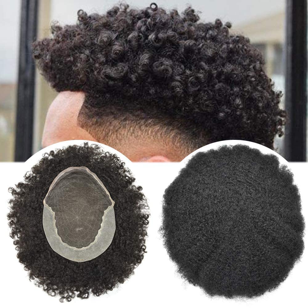 LYRICAL HAIR Afro Toupee for Black Men - Kinky Curly Mens Toupee Hair Units with Lace Front Afro Wavy Hair Replacement System (1B30# 1B# Off Black with 30% Synthetic Grey-6mm wave)