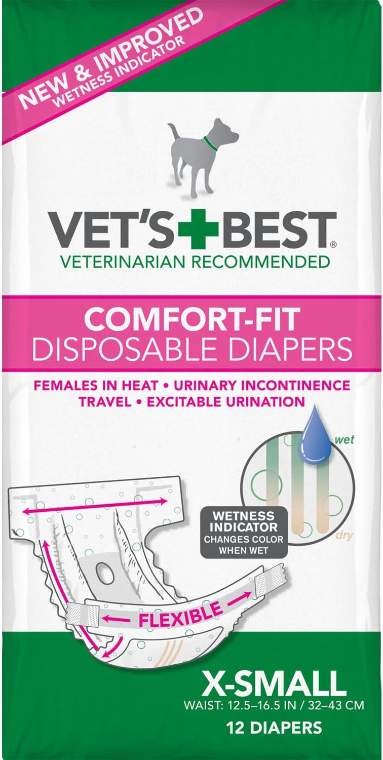Vet's BestComfort Fit Dog Diapers | Disposable Female Dog Diapers | Absorbent with Leak Proof Fit | X-Small, 12 Count