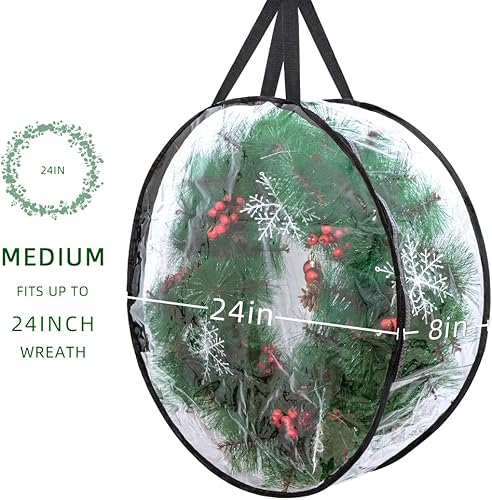 Miniatura 2 de Paquete de 2 contenedores de almacenamiento de corona de Navidad de 24 pulgadas, bolsas de almacenamiento transparentes con cremalleras dobles para