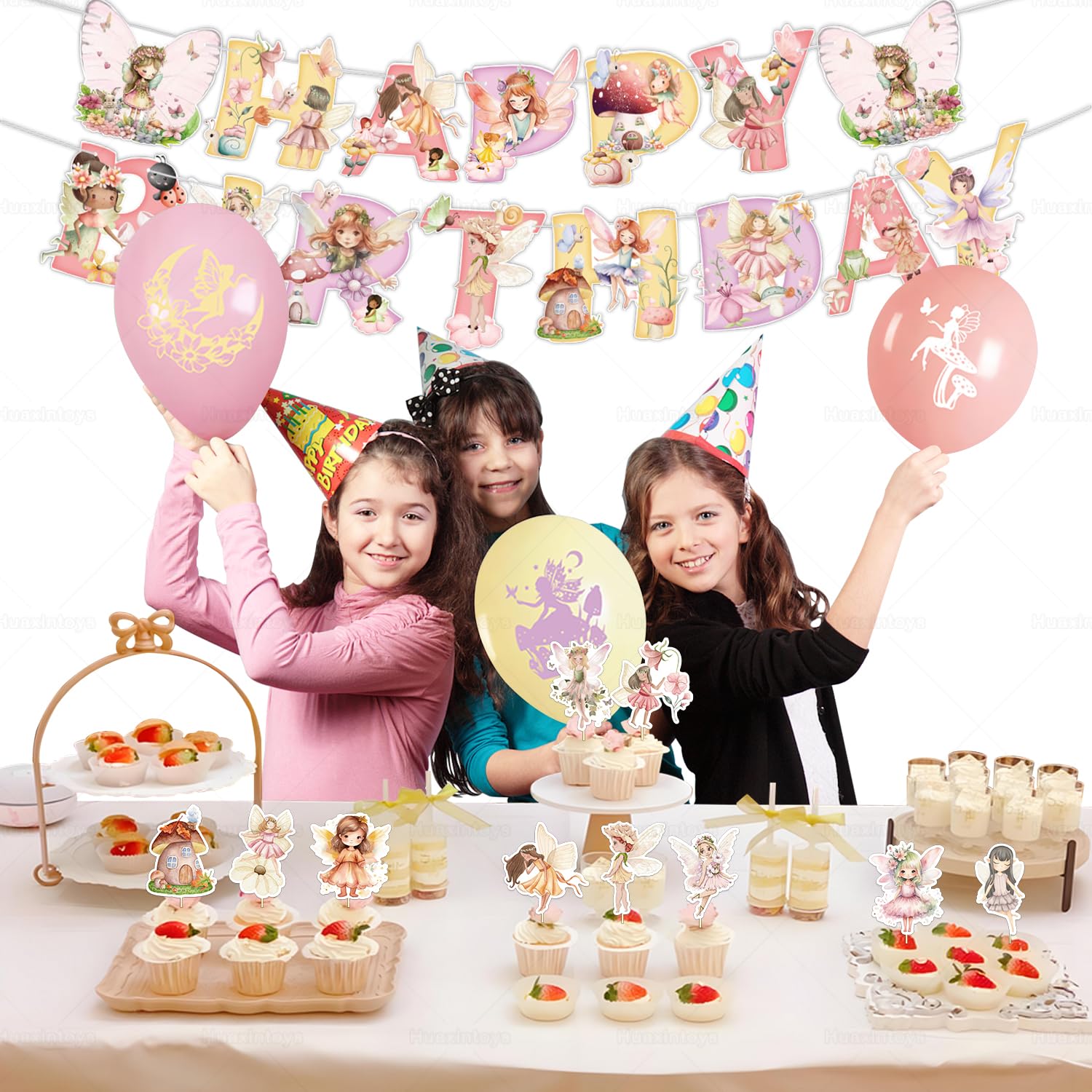 Huaxintoys 32 pezzi Fairy Themed Party Decorations Fata Cake Topper, decorazione torte fate, striscioni Happy Birthday, decorazioni per cupcake e palloncini in lattice per feste di compleanno