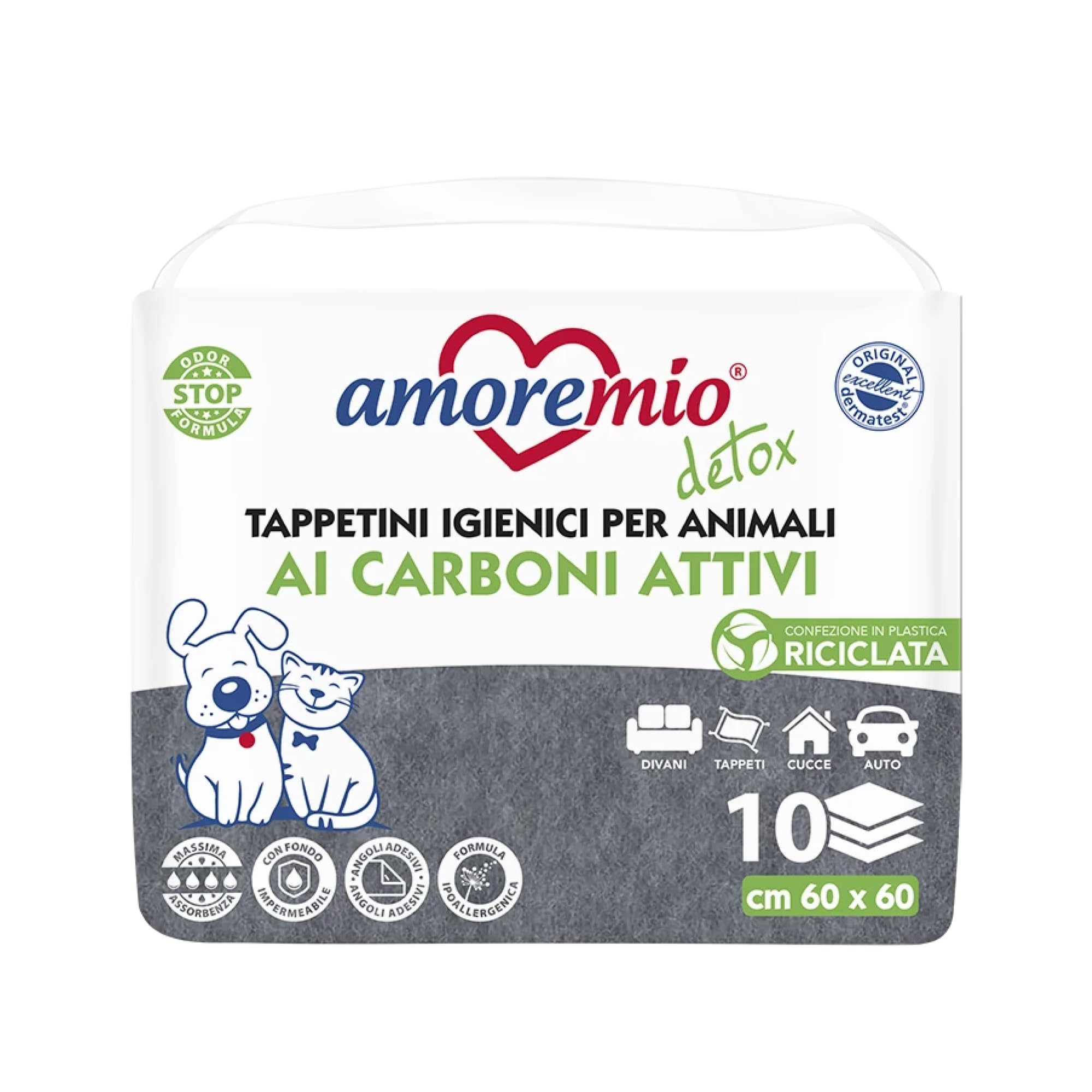 Amore Mio | 100 Tappetini Igienici Antiodore ai Carboni Attivi Con Angoli Adesivi, Per Cani, Gatti e Animali Domestici, 60x60 cm, Formula Ipoallergenica - 10 Confezioni da 10 Traversine