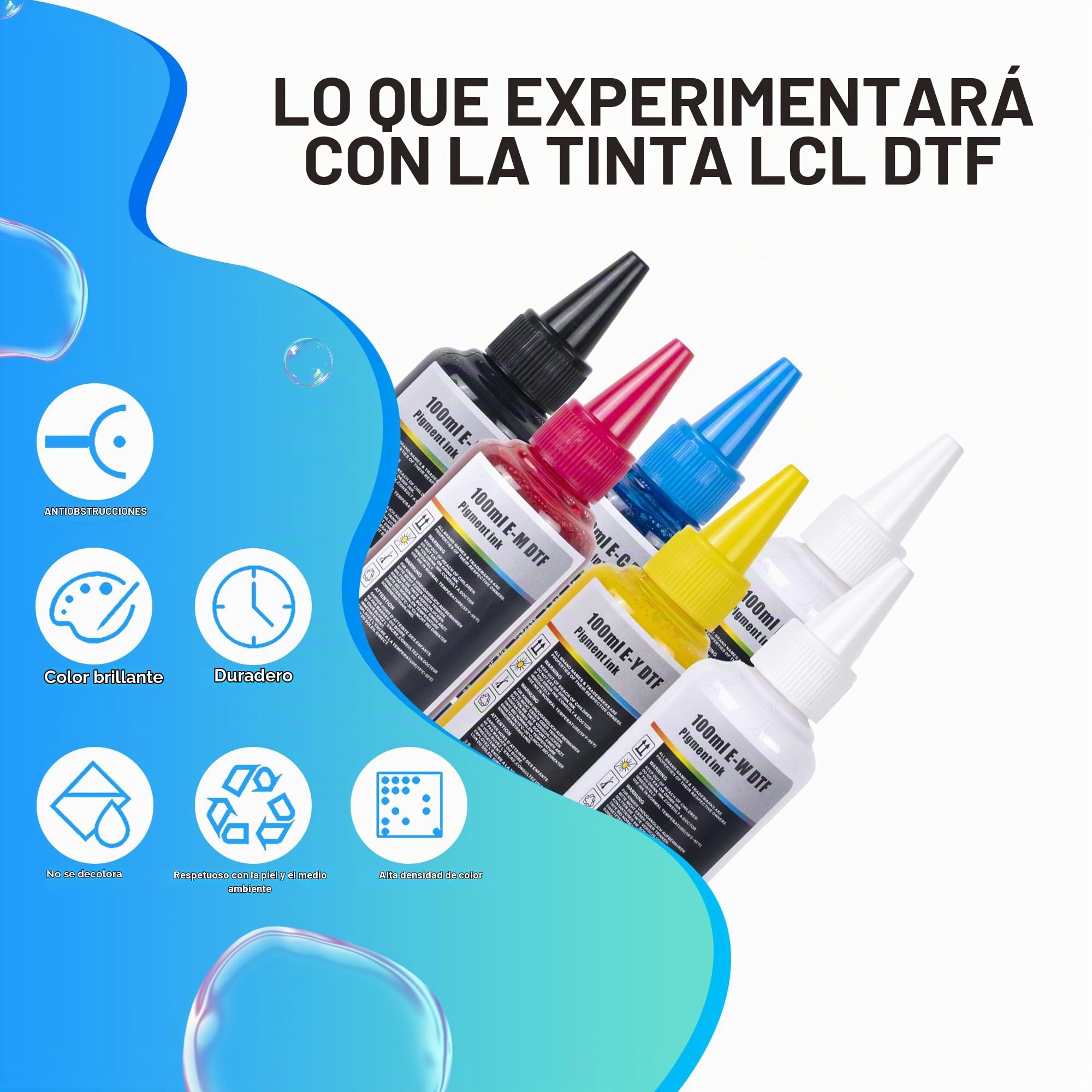 LCL 600ML Tinta DTF Premium Tinta de Transferencia DTF para película Pet Recambio para impresoras DTF Epson ET-8550 XP-15000 L1800 L805 R1390 impresión de Transferencia de Calor(100ml x 6, CMYK 2WH)