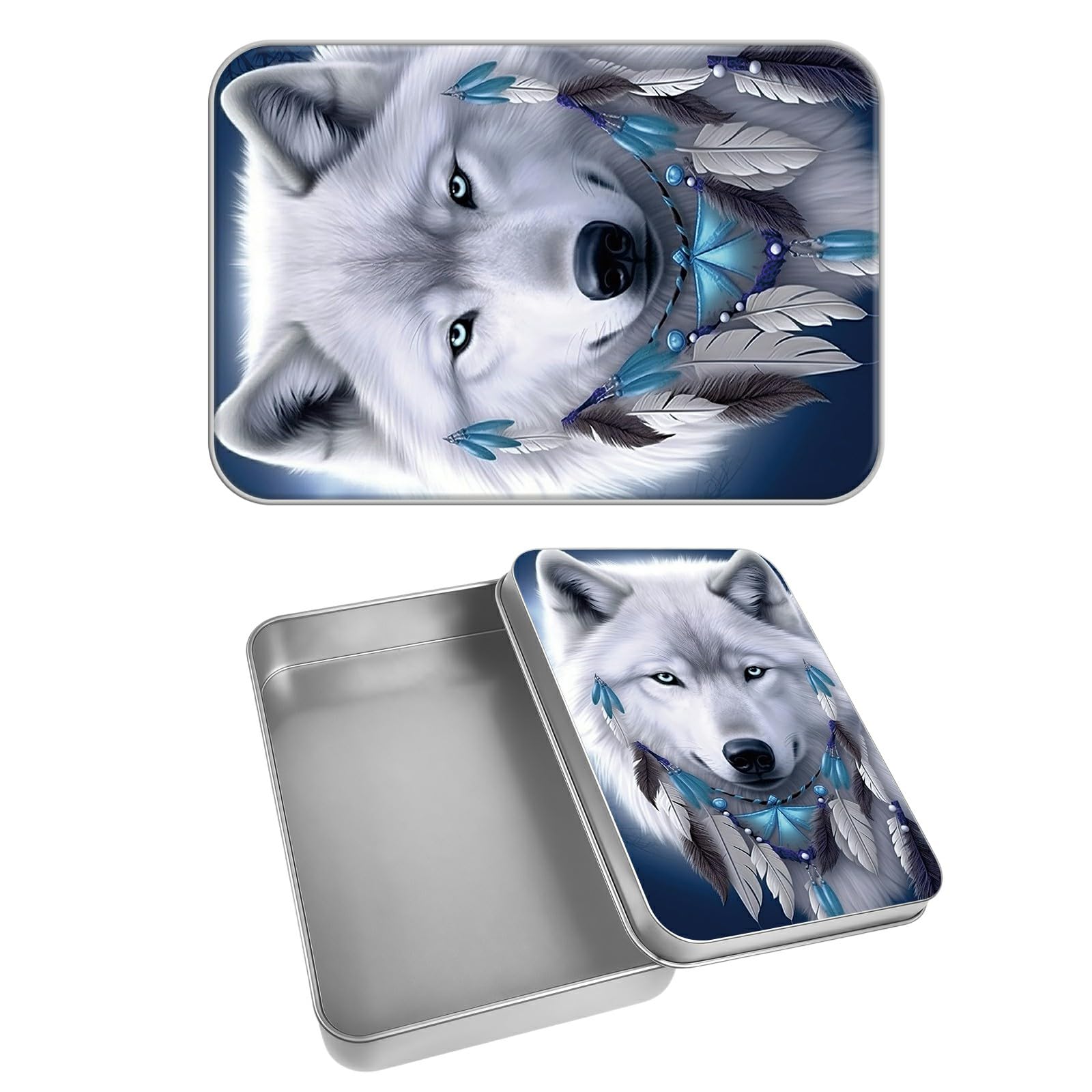 Rectangular Metal Tin Box with Removable Lid, Wolf Dreamcatcher Decorative Printed Metal Storage Container for Cash Ticket Credit Card Check 3.46 x 2.36 x 0.7 inch– Single Pack