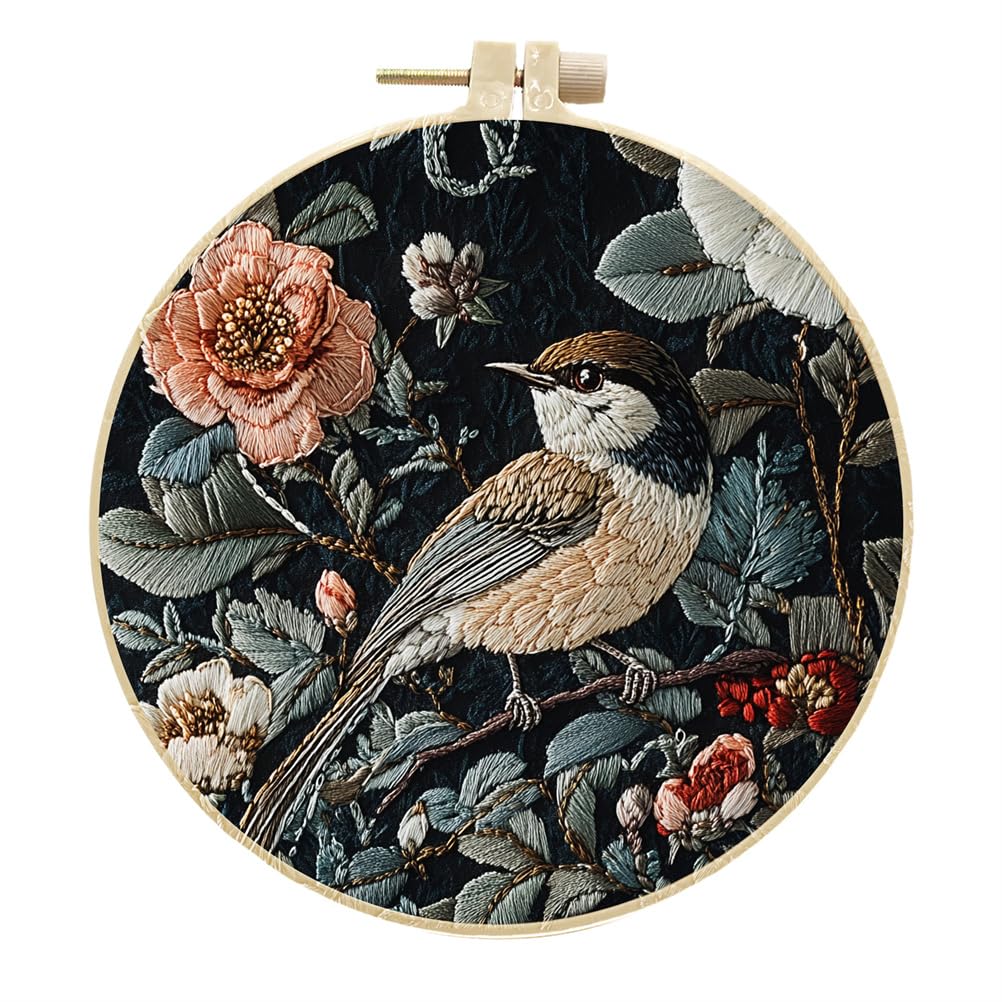 Meecaa Embroidery Kit Starter Set, Bird Flower Animal Hand Embroidery Set, Pattern Printed Cross Stitch Set for Beginner Adults, with Embroidery Hoop and Instructions (Bird 2)