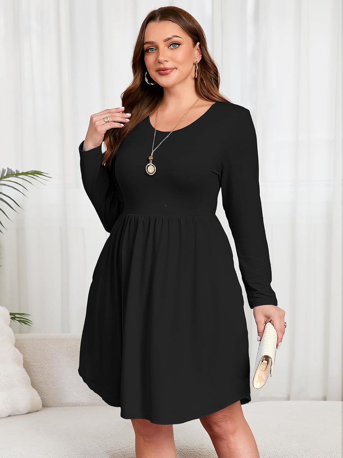 AusLook Women's Plus Size Long Sleeve Midi Dress Casual Empire Waist Loose Flowy Dresses A-Line Boho Long Dress with Pockets - Image 3