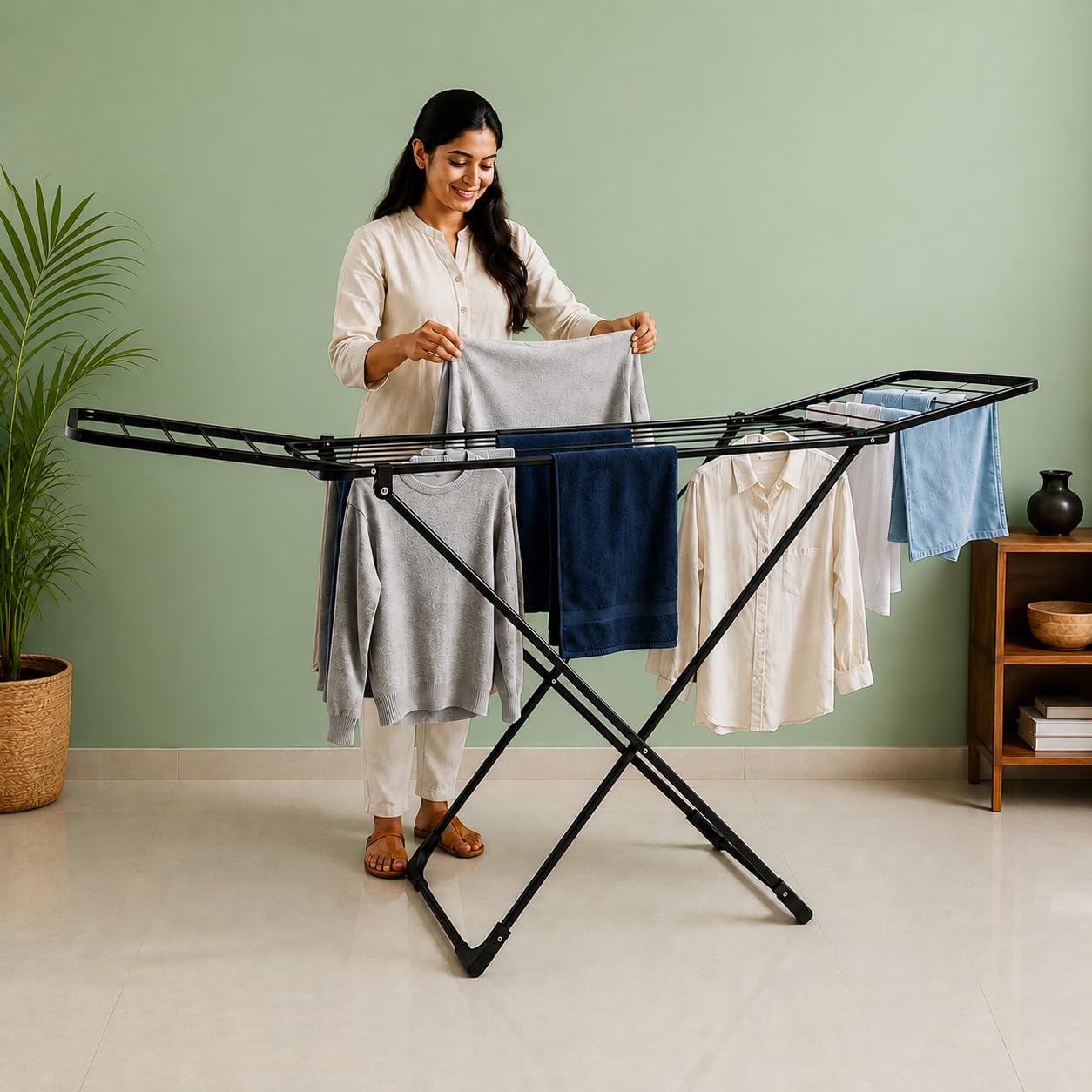 BonKaso Foldable Cloth Drying Stand for Clothes, 3-Way Folding with 17 Drying Rails, Lightweight Alloy Steel,Flat Folding Design | Indoor & Outdoor Clothes Dryer (50L x 172W x 90H) Black