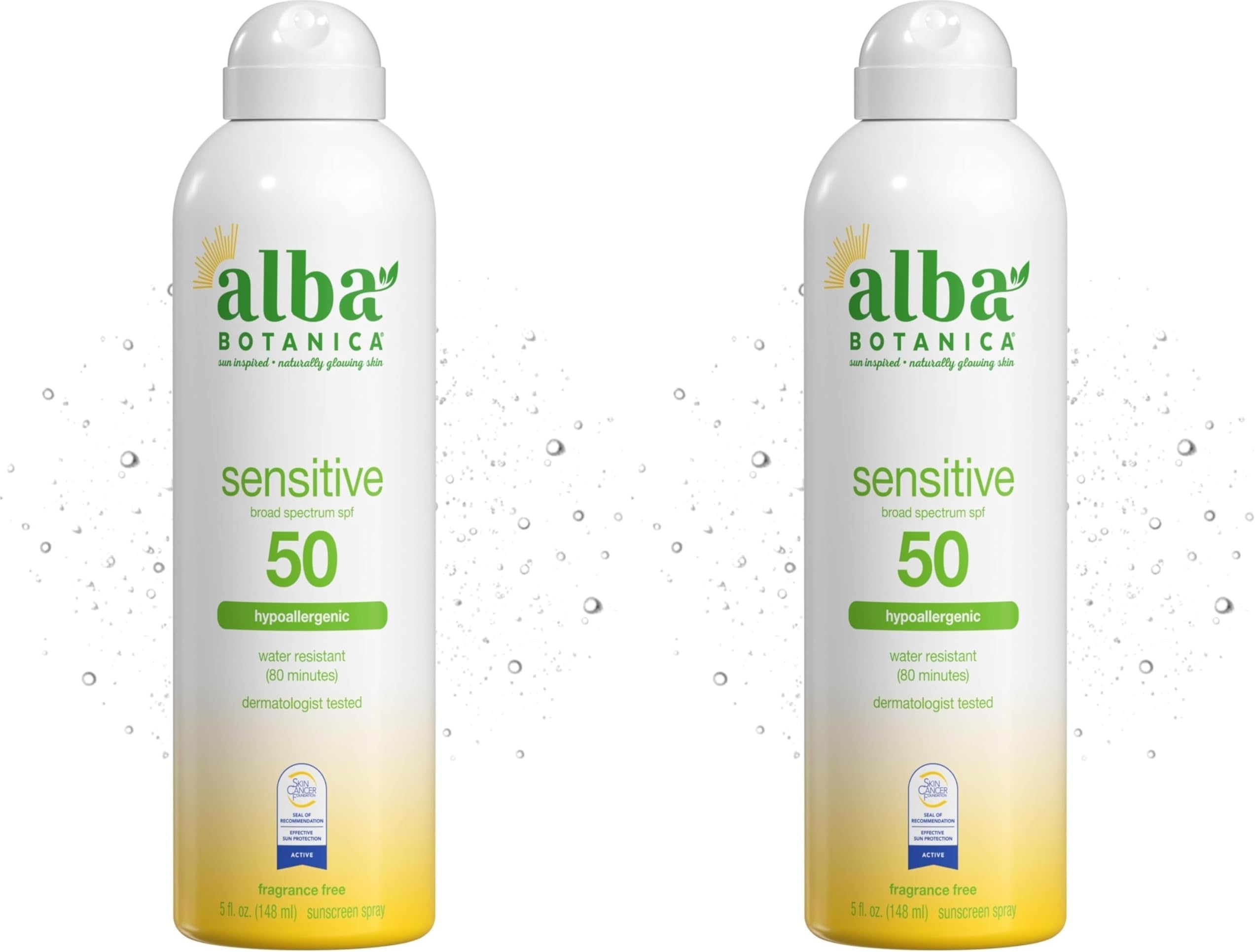 Alba Botanica Sensitive Sunscreen Spray for Face and Body, Fragrance-Free, Broad Spectrum SPF 50, Water Resistant, 5 fl. oz. Bottle (Pack of 2)