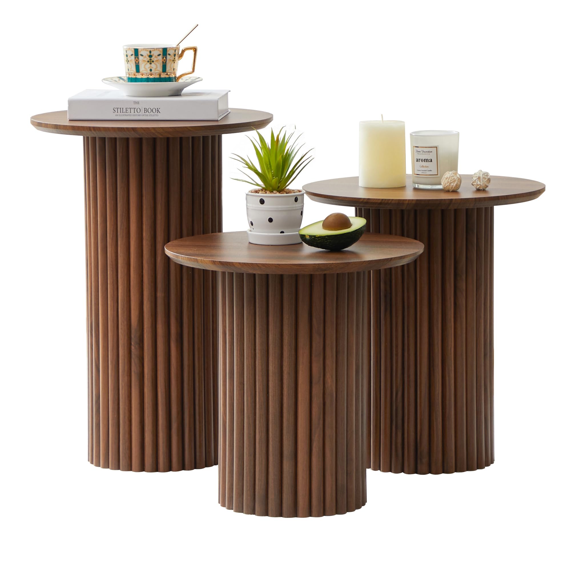 Bifins round nesting coffee table set of 3 in walnut with fluted cylindrical legs