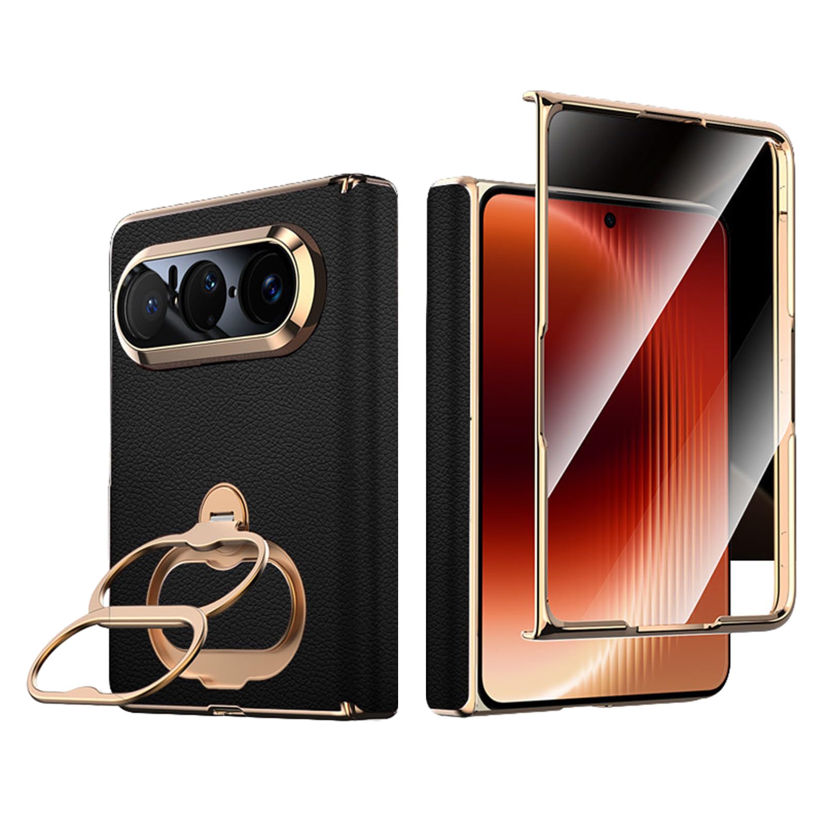 FDUJINH Genuine Leather Cover for Huawei Pura X Max, Folding Rotating Kickstand Case Electroplated Anti-Fall Hinge Full Body Protection Shell