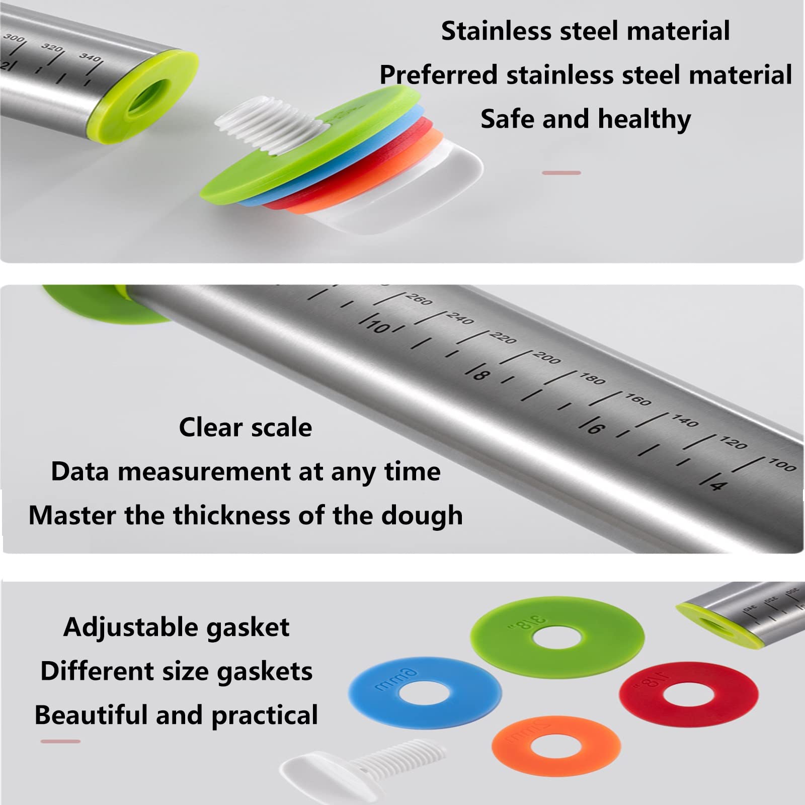 Rodillo con juego de alfombrillas para pastelería, rodillo ajustable con anillos de grosor (4 piezas） ， para pasteles y masa de pizza, pasta y galletas. (Color : Silver, Size : 17in)