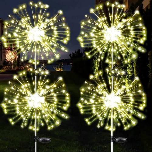 Paquete de 4 luces solares de jardín para exteriores, luces de fuegos artificiales, 8 modos, 120 LED, impermeables, decorativas, luciérnagas,