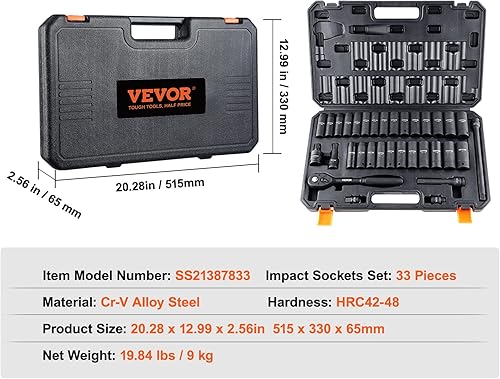 Miniatura 7 de VEVOR Juego de llaves de impacto de 12 pulgada, juego de 33 piezas SAE 38"-1" y métrico 0.394-0.945 in, acero de aleación Cr-V de 6 puntos para