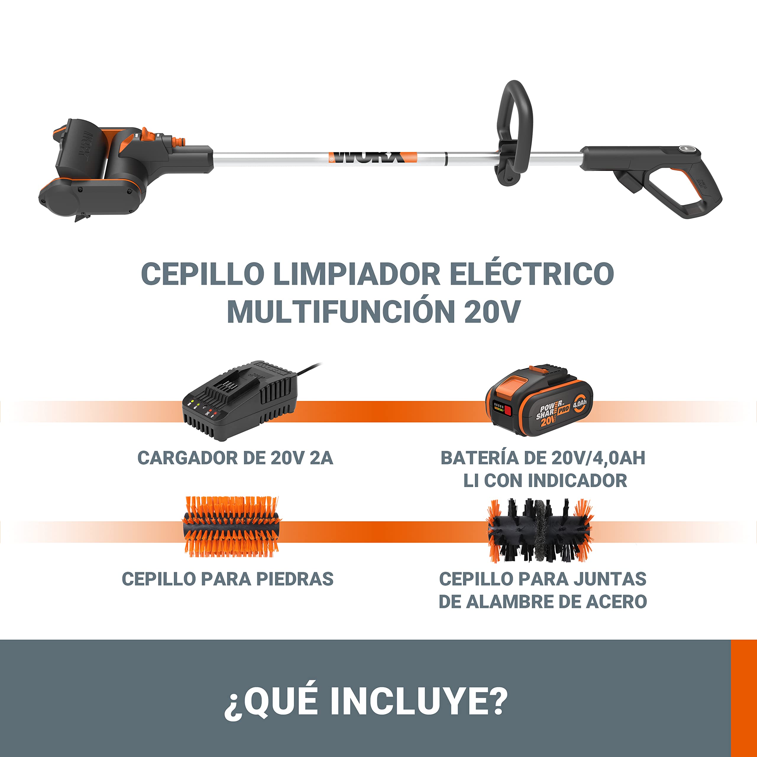 WORX WG441E Cepillo multifunción 20V-4Ah, limpieza profunda de suelos, baldosas, hormigón y cubiertas, conexión de agua, cambio rápido de accesorios, 2 velocidades, cepillo de nylon, alambre incluidos