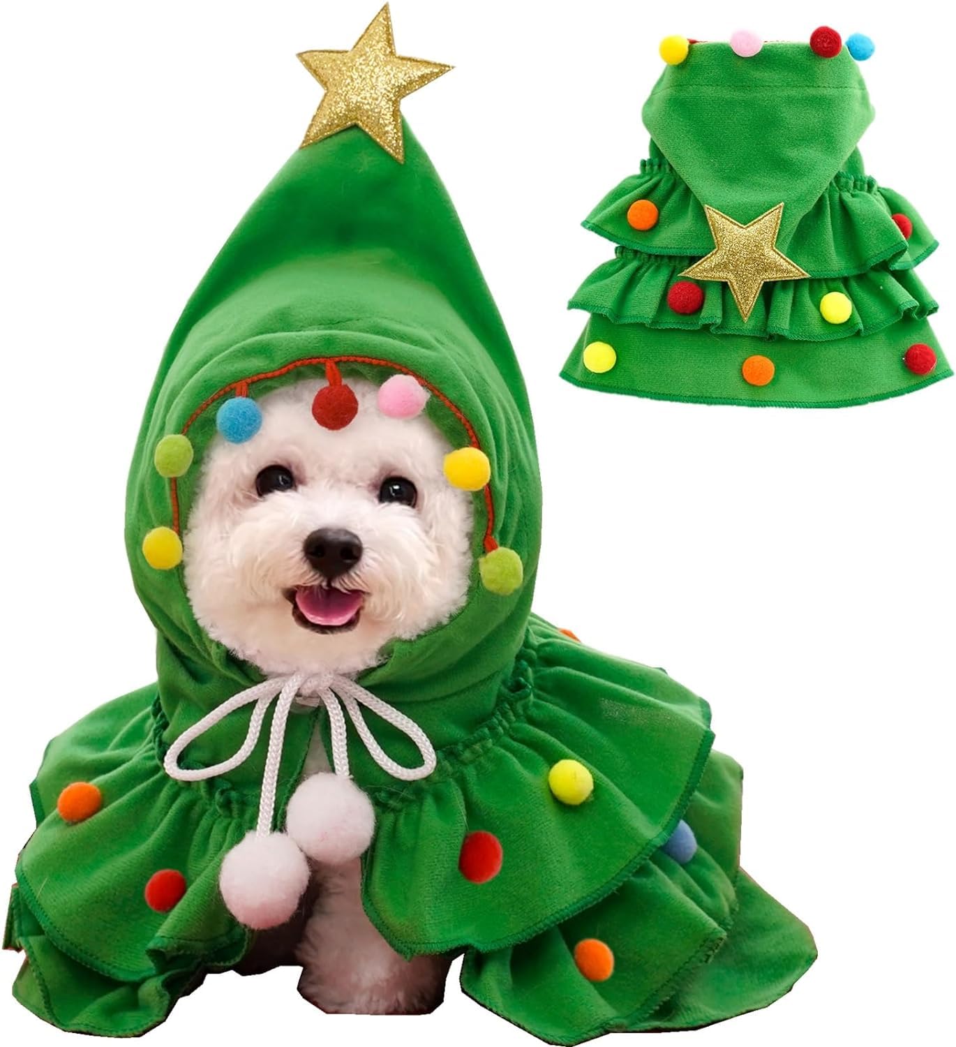 VUCATIN Christmas Pet Dog Cat Costume, Xmas Pet Cloak with Star and Pompom, Christmas Tree Dog Cape with hat for Small Large Dogs Cats (L, green)