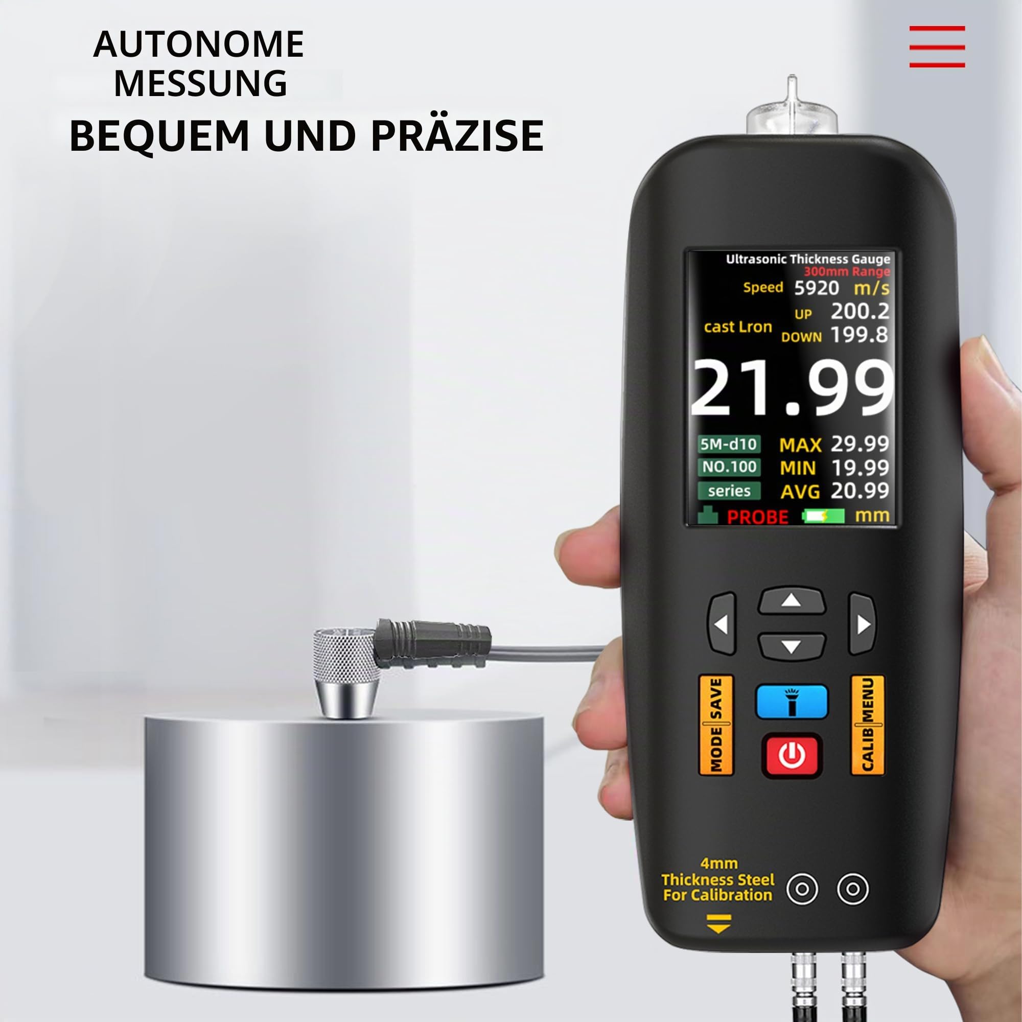 Ultraschall Dickenmessgerät 1-300mm Bereich Digitales Ultraschall Dickentester Wiederaufladbare 2,8'' Farbe LCD Metalle Dicke für Metall Materialien Stahl Silber Kunststoff Glas PVC Rohre Keramik