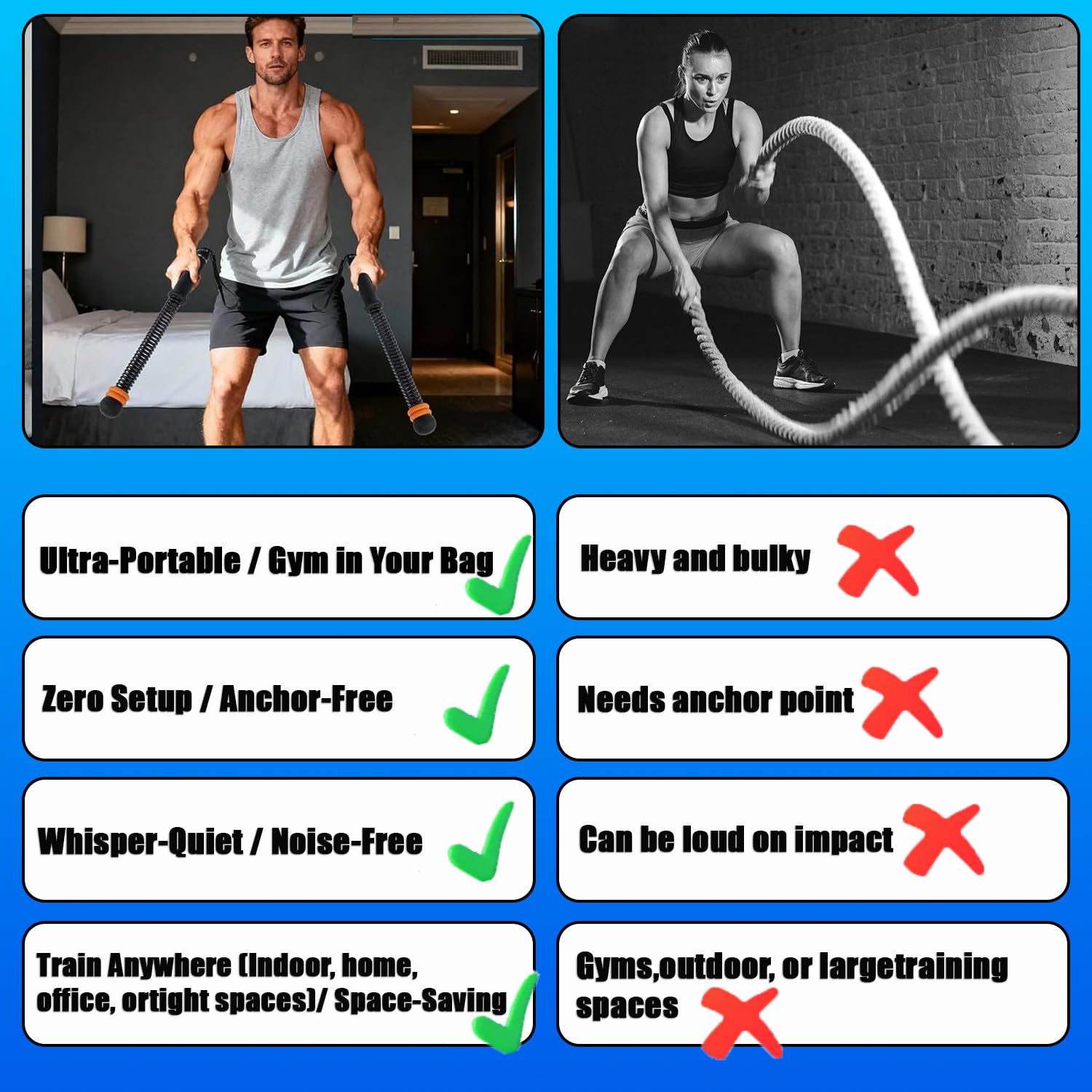 Seillose Kampfseile, verstellbarer Widerstand, schnurlose gewichtete Trainingsseile für Zuhause, Fitnessstudio, tragbares HIIT-Trainingsgerät für Kraft, Cardio, Ganzkörperübungen für Männer und Frauen
