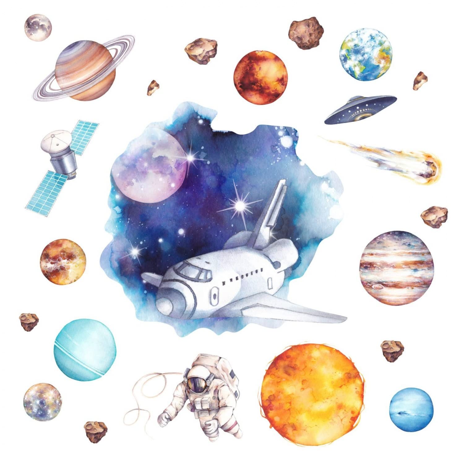 nikima Schönes für Kinder 239 tatuaż ścienny z motywem kosmosu, planety, astronauta, akwarela, rozmiar 2000 x 1120 mm, w 6 rozmiarach – naklejka do pokoju dziecięcego, naklejka ścienna, dekoracja ścienna