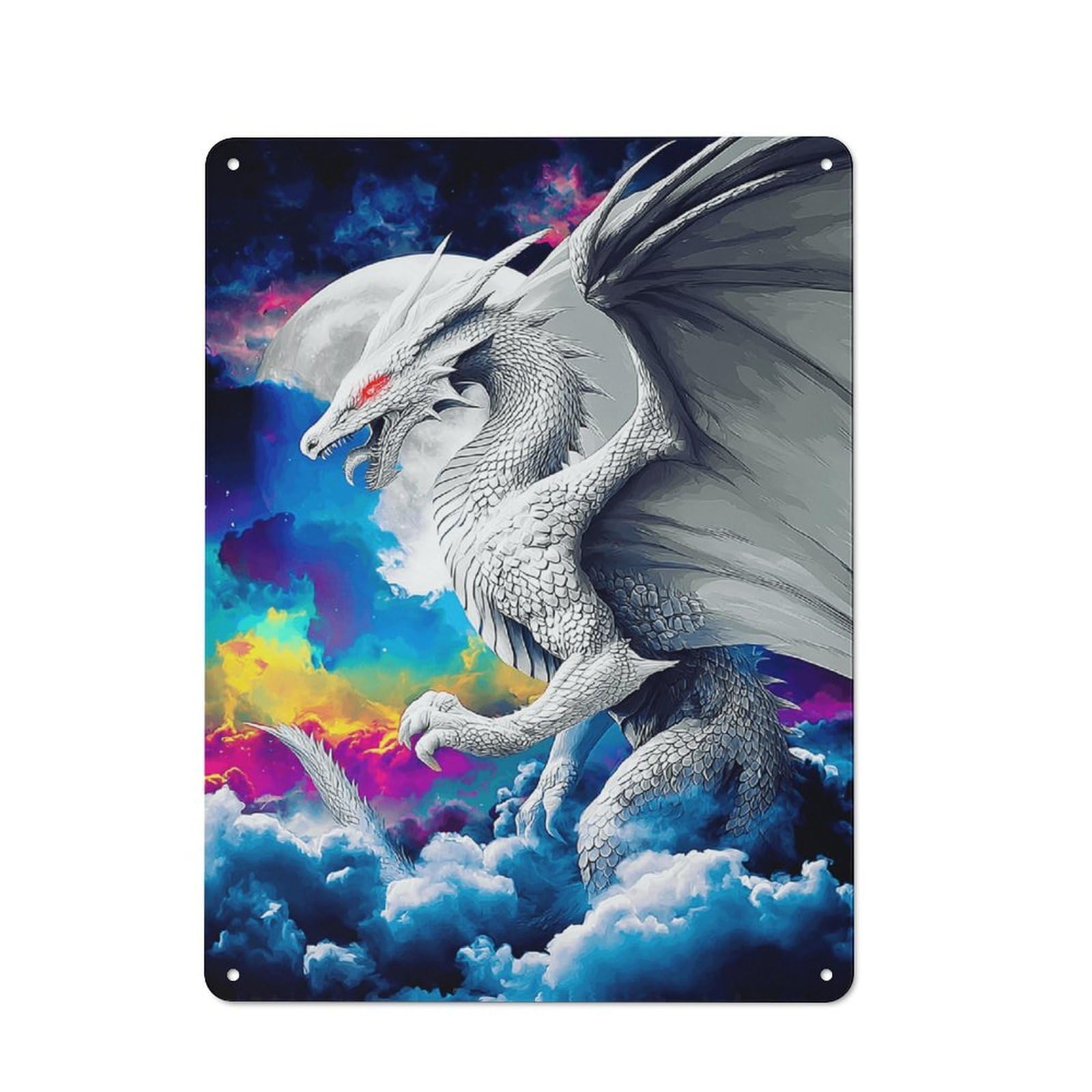 Junmoney White Dragon In Colorful Sky Warehouse Style Tin Wall Sign 40X30cm Featuring Loft Wall Plaque For Loft, Studio, Office Or Creative Room