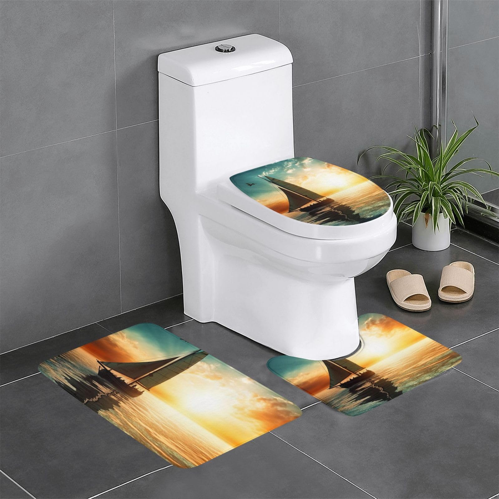 Tapis de bain bateau 3 pièces avec housse de couvercle de toilette doux pour salle de bain