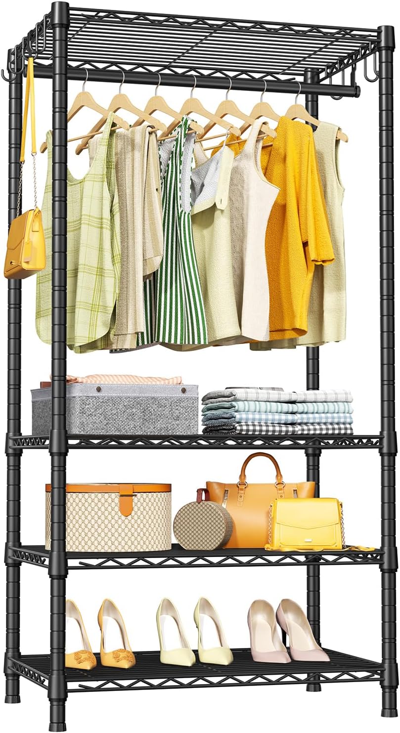 Ulif Portable Closets, 4 Tiers Garment Rack and Metal Clothes Organizer Wardrobe, Suitable for Bedroom, Apartment, Cloakroom, 25.6" W x 15.7" D x 73.2" H, Black