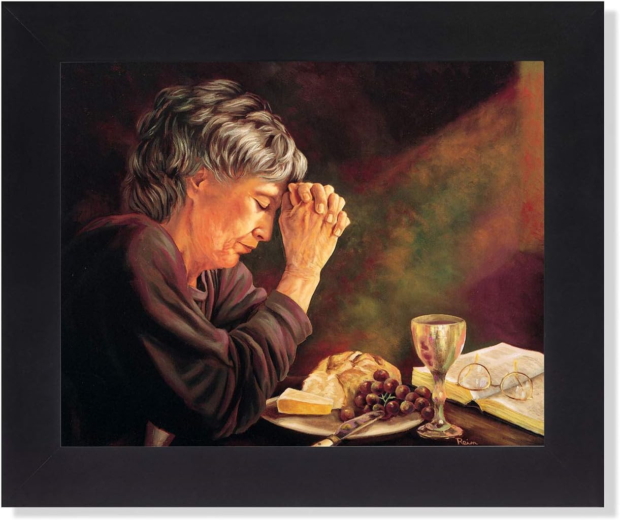 Gratitude Old Lady Praying at Dinner Table Daily Bread Woman Religious Wall Picture Framed Art Print 8x10