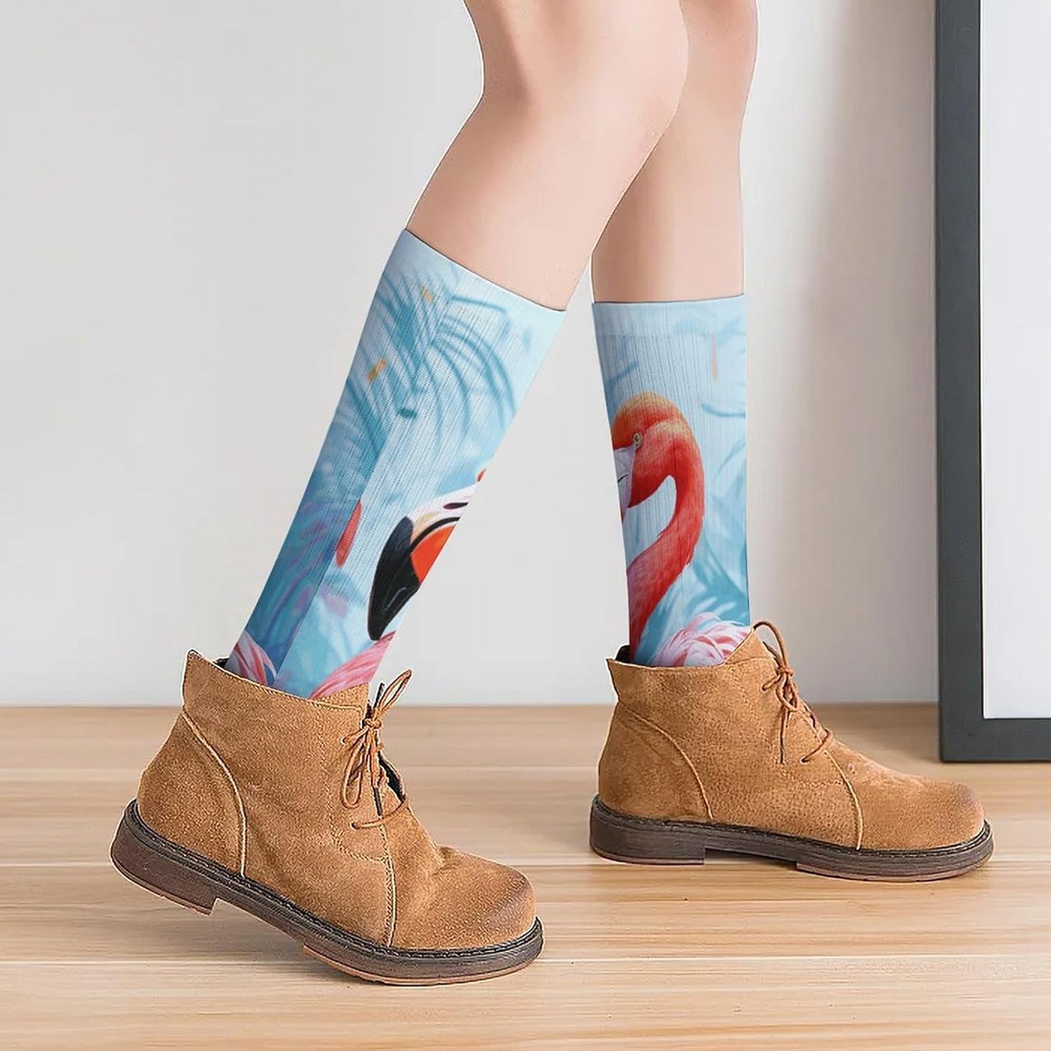 Breathable Crew Sock, Moisture Wicking, Athletic Calf Socks, Cozy | Painted Flamingo Compression Socks for Women Men, Lightweight High Work Socks for Business, Casual