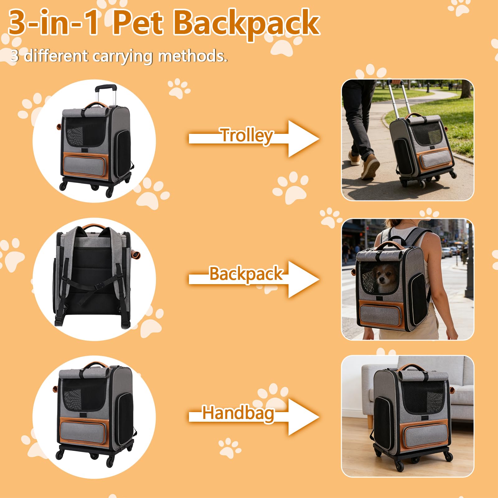 3-in-1 Katzenrucksack mit Rädern, Abnehmbaren Hunderucksack mit Sonnenschutzrollos, Belüftetes Design, Herausnehmbarer Matte, Faltbarer Hundetrolley,Transportbox Katze bis 10 kg