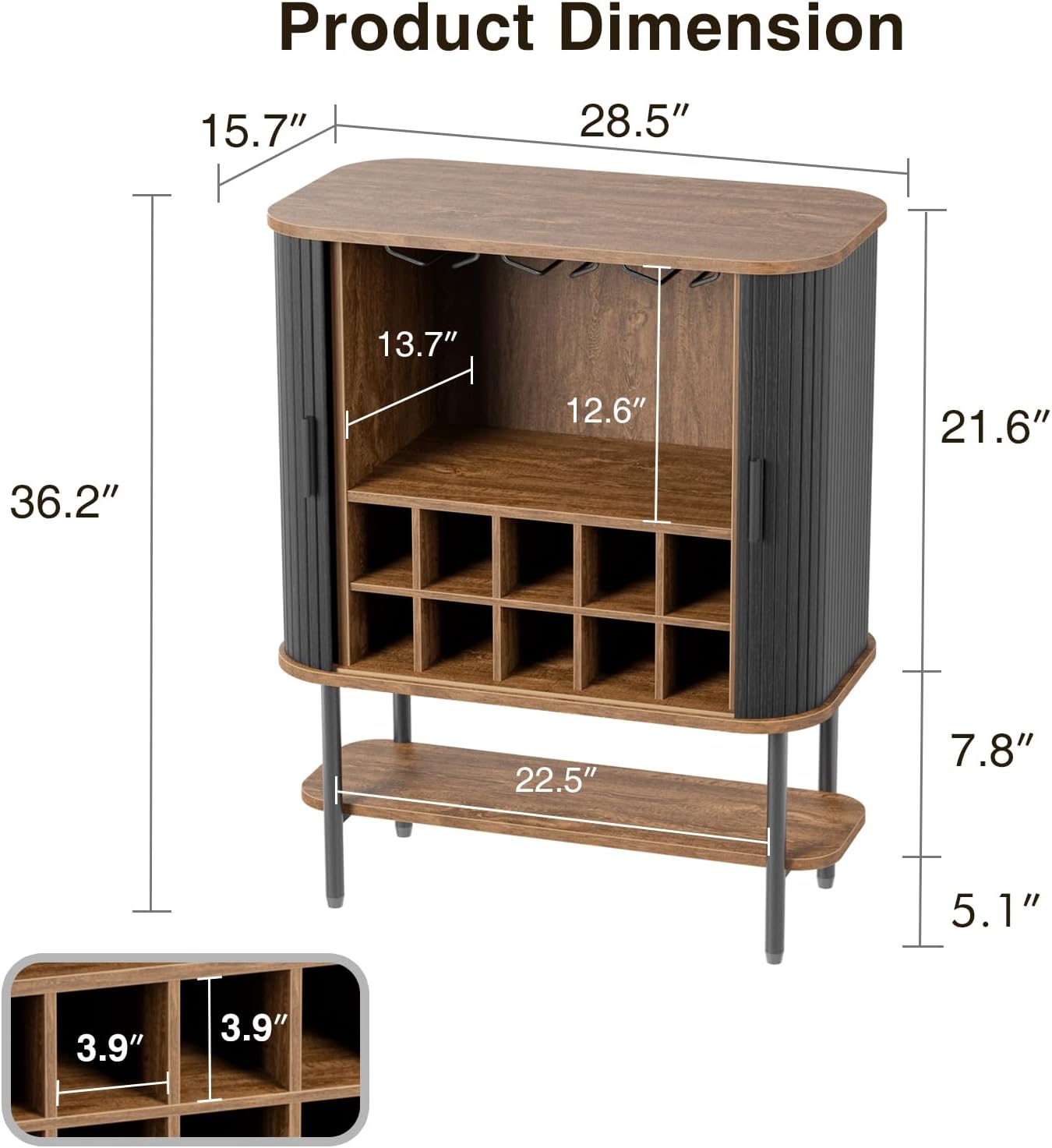 Black Coffee Bar Cabinet with Storage, Fluted Wine Liquor Cabinet with Sliding Doors, Glass Holder and Wine Rack, Buffet Sideboard for Kitchen, Dining Room, Living Room