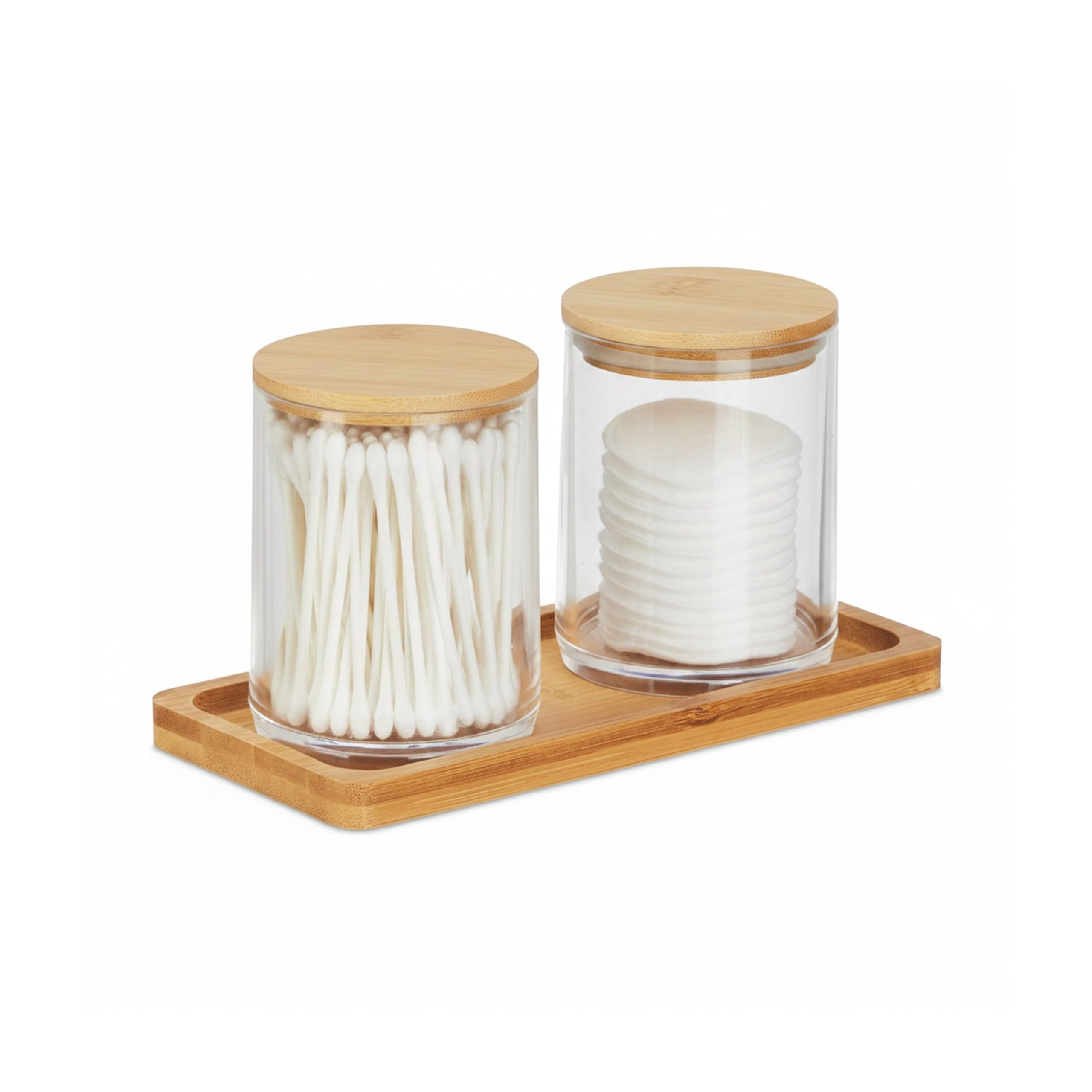Relaxdays Wattestäbchenbehälter mit Tablett, 2 Becher m. Deckel, Kosmetik Organizer Kunststoff/Bambus, transparent/natur, Durchsichtig, Clear, Natural (Packung mit 4)