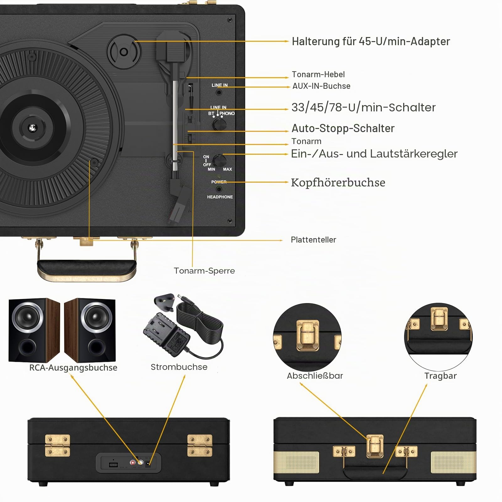 Trynnay Plattenspieler 3 Geschwindigkeiten Bluetooth Tragbarer Koffer Vinyl-Player mit eingebauten Lautsprechern Plattenspieler Verbesserter Audio-Sound PU-Leder Vintage Schwarz