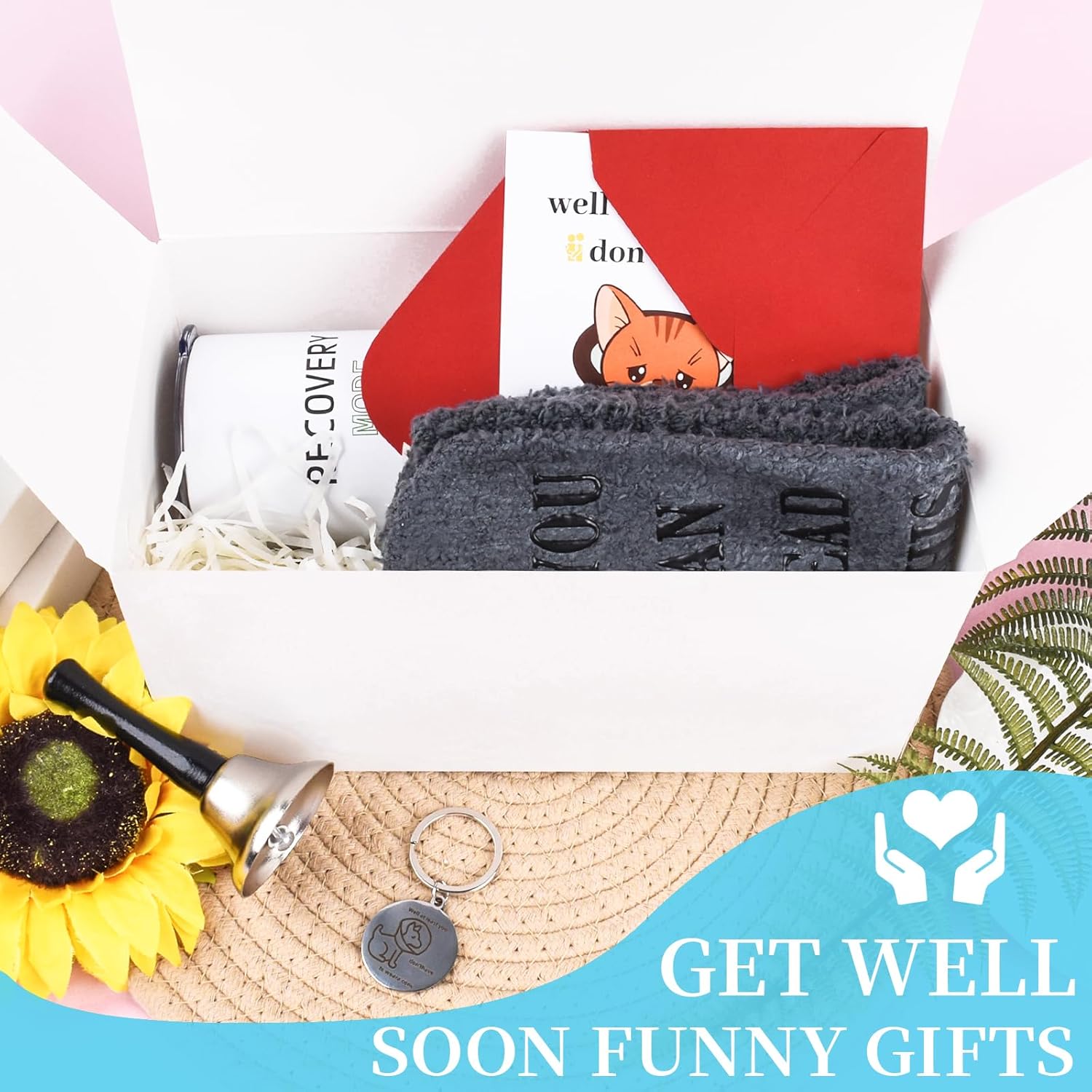 6 Pcs Funny Get Well Soon Gifts for Women Men, 20oz Hospital Mug Funny Recovery Socks Hand Bell Keychain Greeting Cards Get Well Soon Gifts for Chemo Patients - Image 5