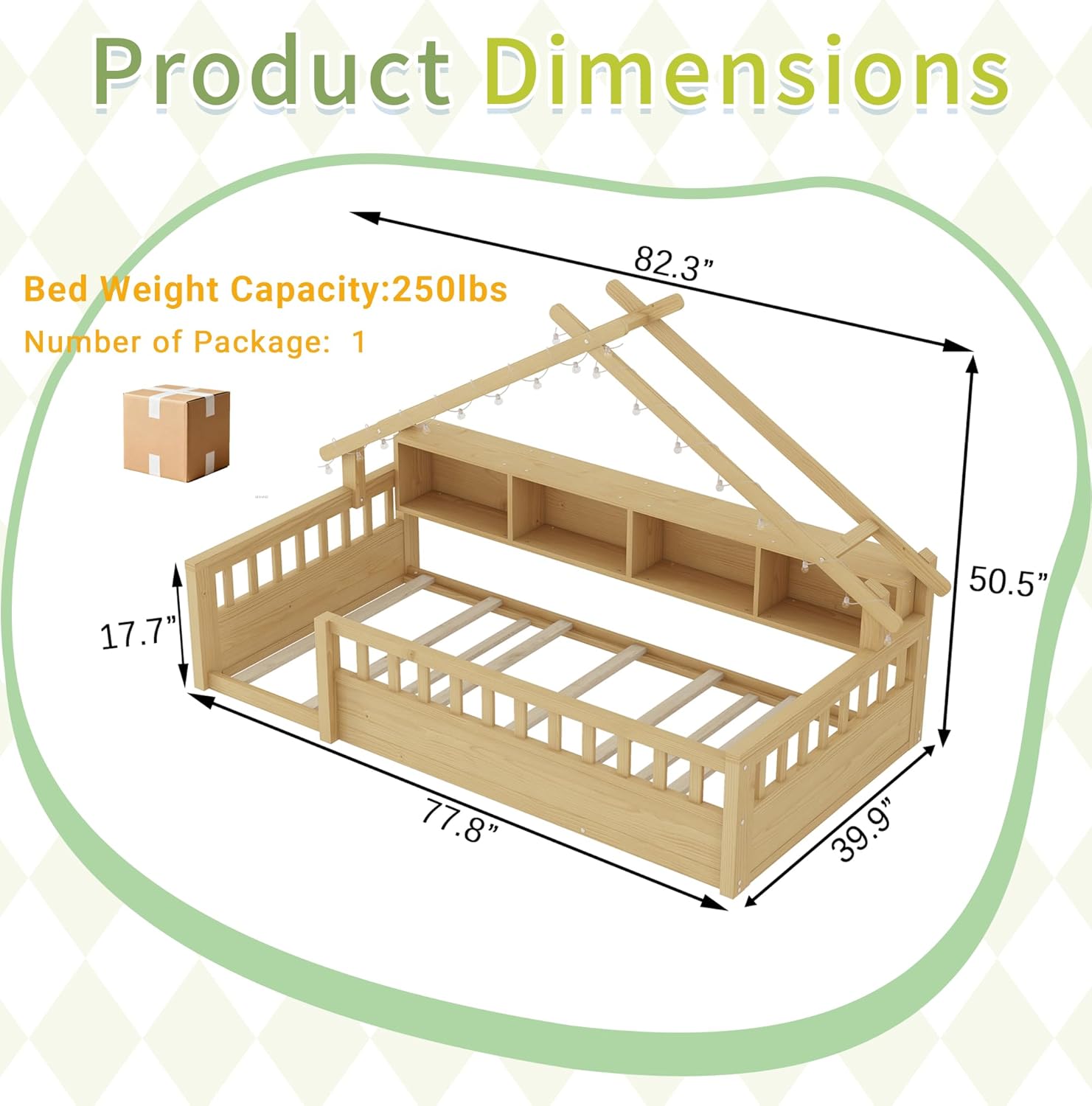 Twin Size Floor Bed with Storage Bookcase & Light, Wooden House Montessori Floor Bed with High Rails, Montessori Beds Twin for Girls, Boys, No Box Spring Needed, Natural