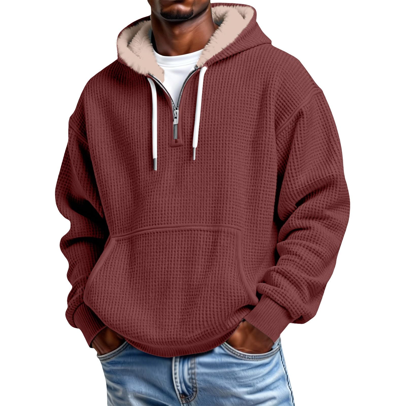 Mens Hoodies Pullover Quarter Zip Casaul Long Sleeve Drawstring Waffle Knit Hooded Sweatshirt with Pocket