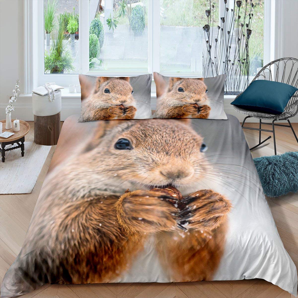 Homewish 3D Print Squirrel Comforter Cover Eating Food Duvet Cover Forest Animal Bedding Set For Kids Boys Girls Nature Bedclothes With 1 Pillow Case Single Brown Soft Microfiber Room Decoration — image 1