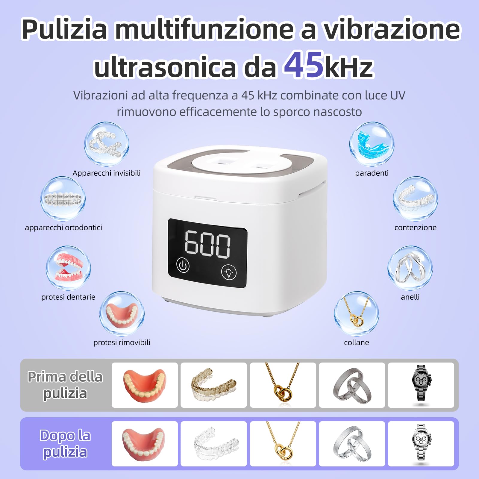 Pulitore Ultrasuoni per Apparecchio Dentale e Dental Pod UV-C - 45kHz Lavadentiera per Protesi, Bite, Mascherine Invisibili & Aligner - 200ml Vaschetta Ultrasuoni con Cestello e Pinzette
