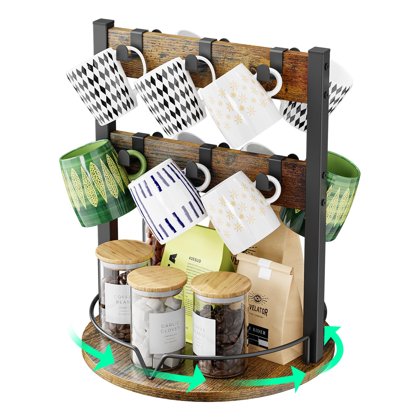 KLM Wood Coffee Mug Holder,12 Hook Mug Tree Holder Rack with Storage Base,Mug Display Organizer,Mug Holders for Home Kitchen,Support 360° rotation for