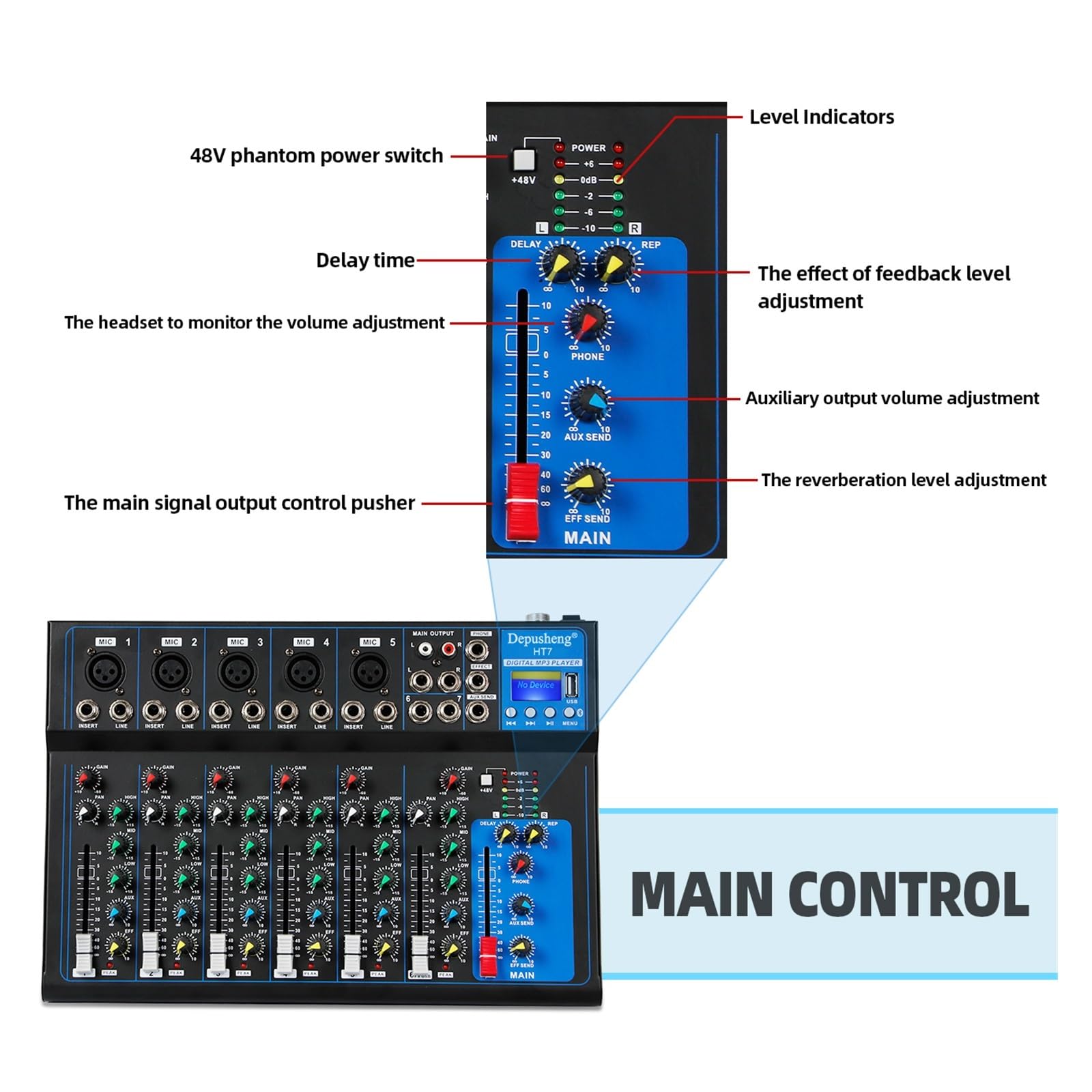 Mixer per DJ, Mixer Portatile DJ Sound Mixing Console 48V Power for la Registrazione al Computer, Mixer for Gruppi Musicali for la Registrazione in Studio