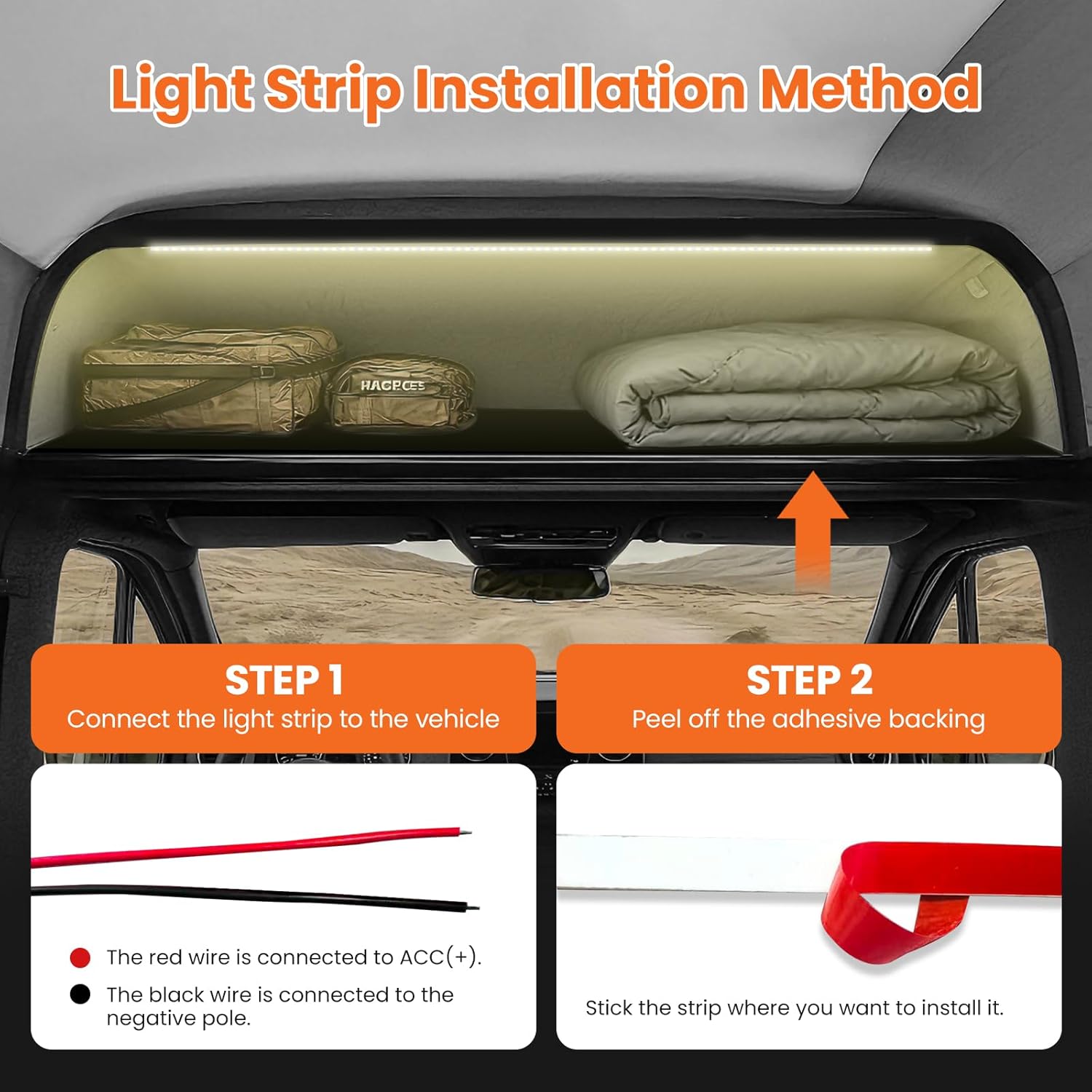 Aluminum Van Headliner Shelf Fit for 2019–2024 Mercedes Sprinter Van, Overhead Storage with LED Strip Lights, Curtain Rod & Carpet Lining