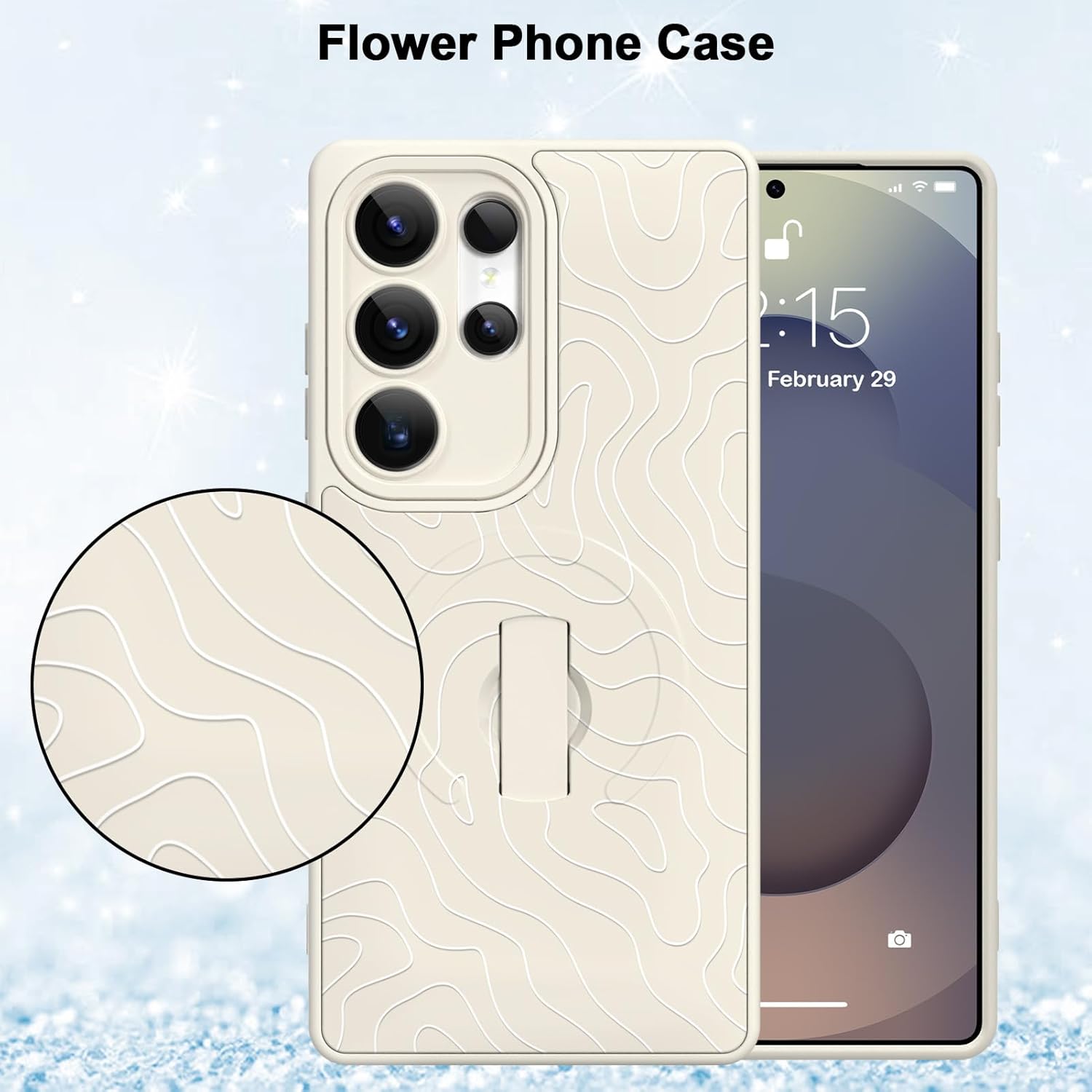 MZELQ for Samsung Galaxy S25 Ultra Case, Silicone Wave Ripple Cute Pattern, Support for MagSafe, Kickstand Wristband Camera Protection Soft Slim Phone Case for Girls Women -White