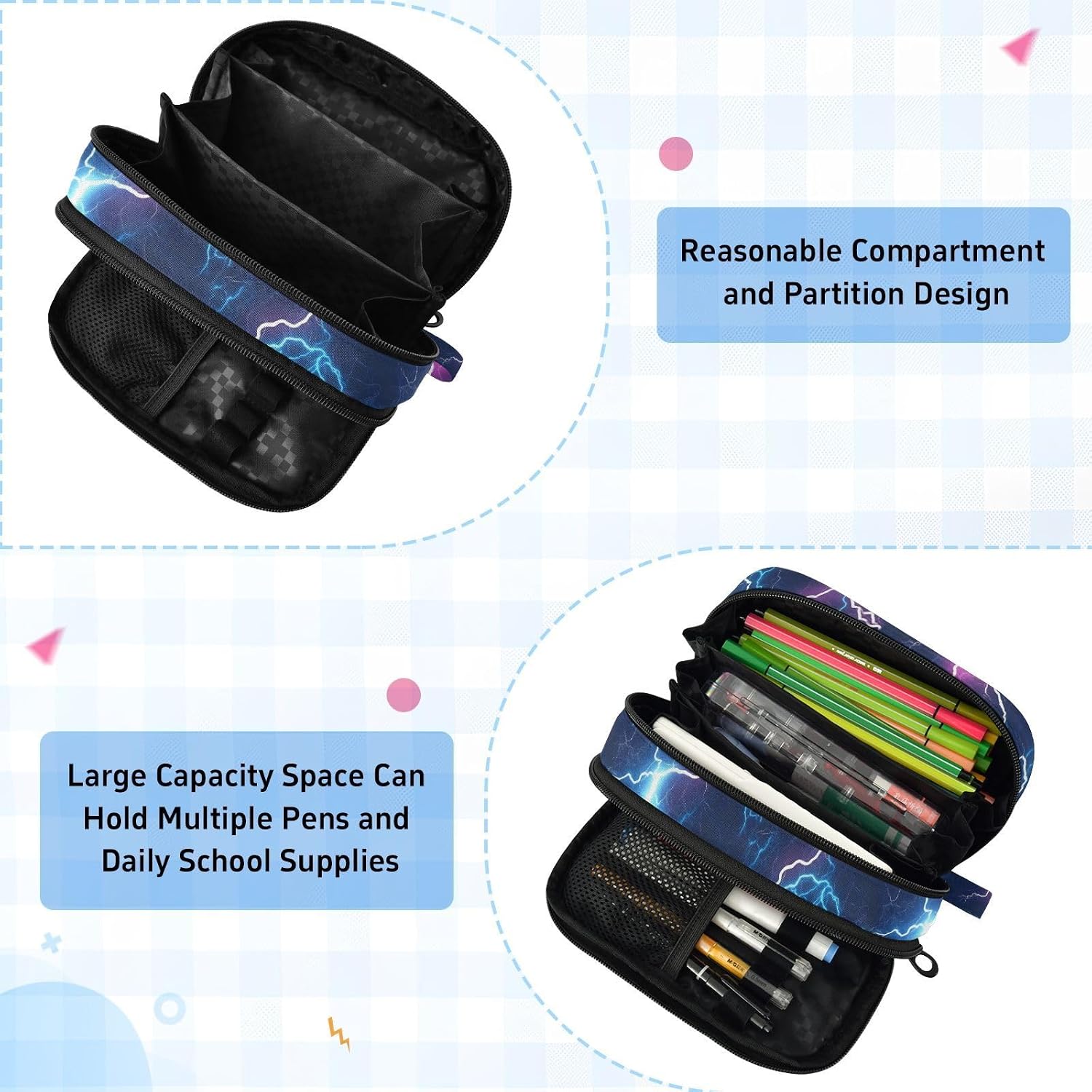 ALAZA Blue Lightning Pattern Large Capacity Pencil Case, Aesthetic Stationery Organizer Bag with Clear PVC Window, High Capacity Pen Pouch with Dividers for School Office Travel image 5
