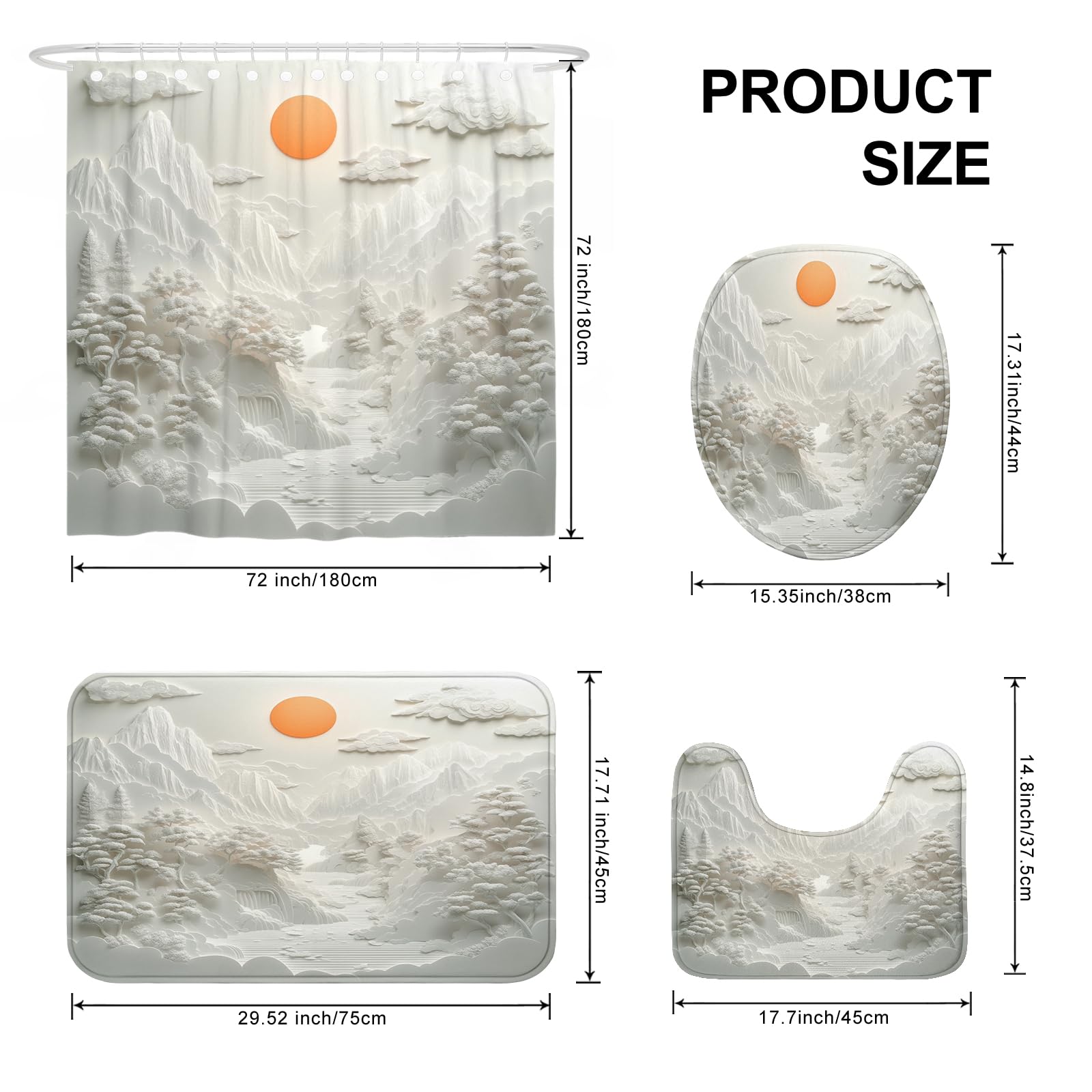 Lot de 4 rideaux de douche en forme de montagne avec tapis antidérapant, tapis en forme de U et tapis de couvercle de toilette, blanc 3D nature, ensemble d'accessoires de salle de bain, 183 x 183 cm