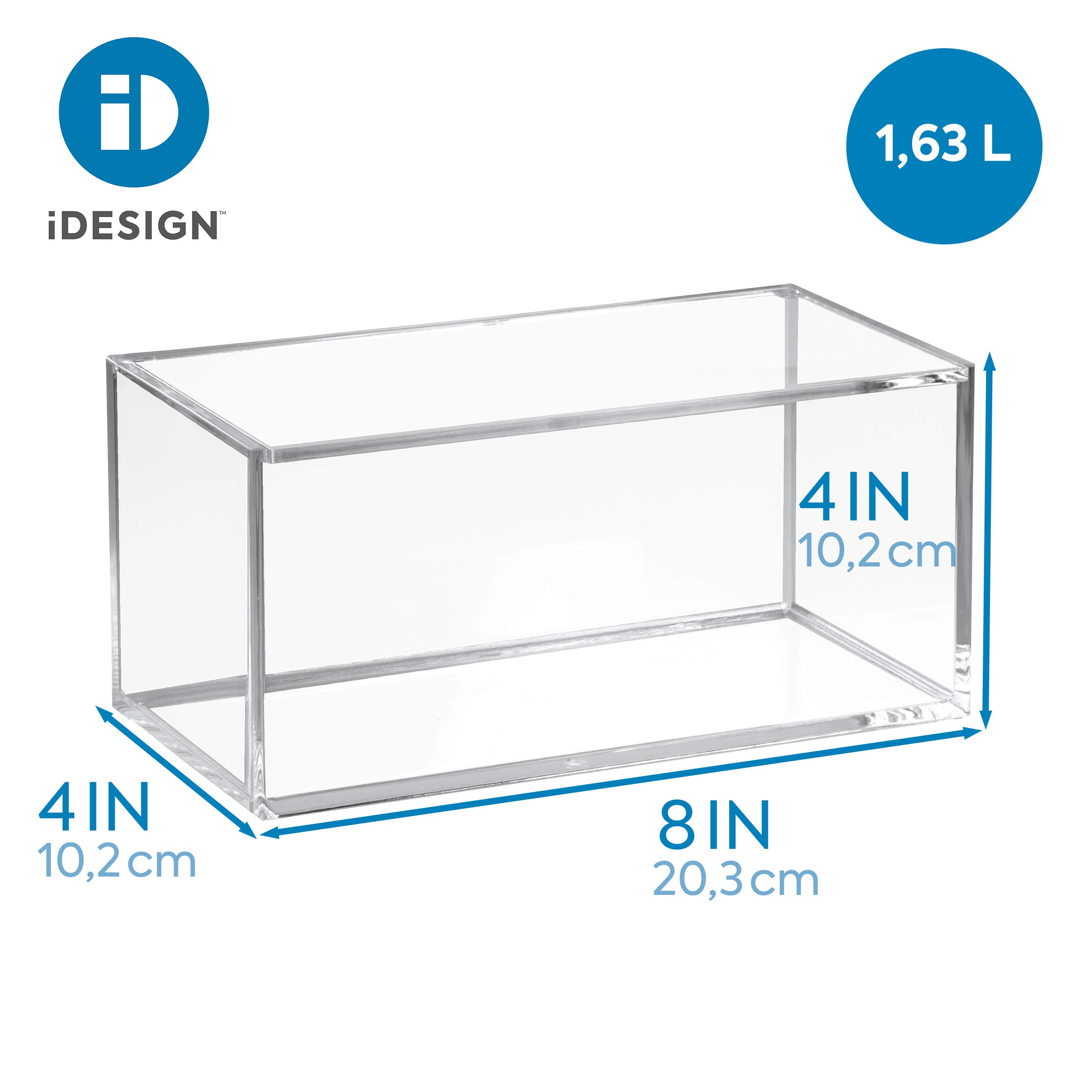 iDesign Pudełko 39650 z pokrywką, średnia wielkość łazienki z tworzywa sztucznego wolnego od BPA, organizer do makijażu cieni do powiek, szminek, wacików i innych, przezroczyste, 20,3 x 10,2 x 10,2 cm