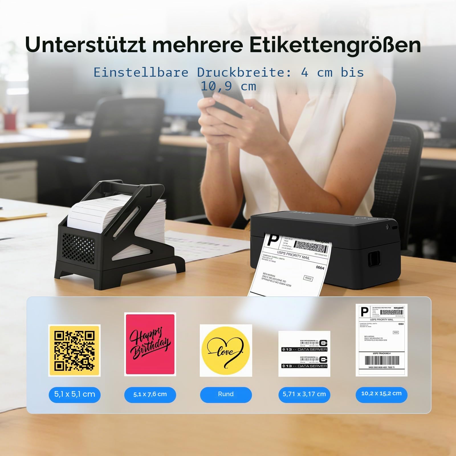 Bluetooth Etikettendrucker mit Ständer, 4x6 Label Printer Thermodrucker für Versandetiketten, kabelloser Labeldrucker für Amazon DHL Etsy Shopify, iPhone Android Windows Mac