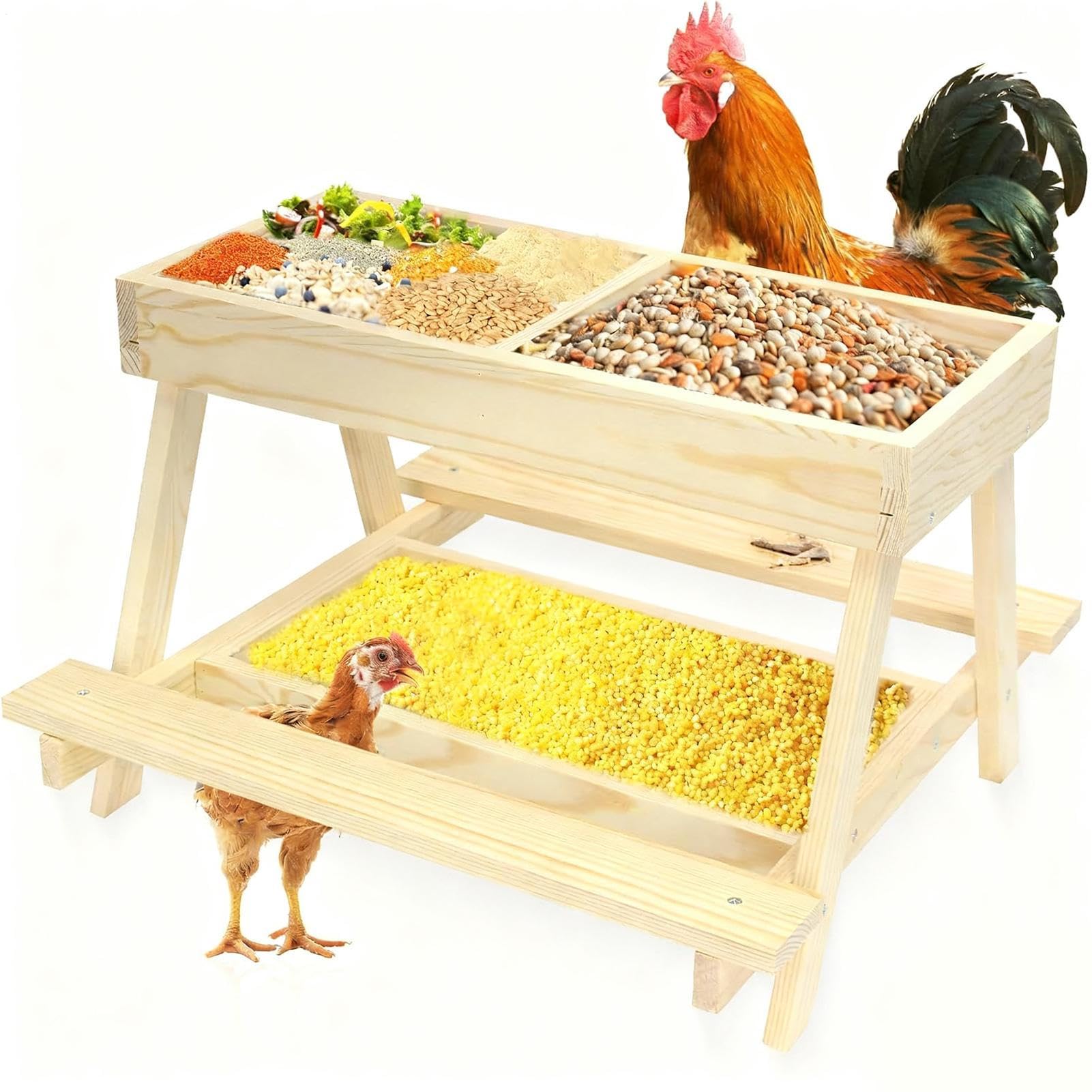 Chicken Picnic Table - Chicken Feeder with Picnic Table, Handmade Wooden Chicken Corp Feeder 4 Grids, Sturdy Squirrel Feeder with Bench Design | Wooden Pet Supplies Tray for Poultry, Duck and Turkey
