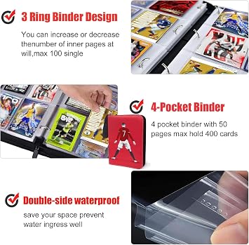 XTAIQD Trading Card Album for Football, Card Binder Folder 4 Pocket 50 Pages 400 Cards Capacity, Trading Card albums,waterproof PU Leather Card Binder,It is the Gift for Boys Girls (red)
