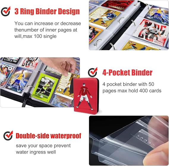 XTAIQD Trading Card Album for Football, Card Binder Folder 4 Pocket 50 Pages 400 Cards Capacity, Trading Card albums,waterproof PU Leather Card Binder,It is the Gift for Boys Girls (red)