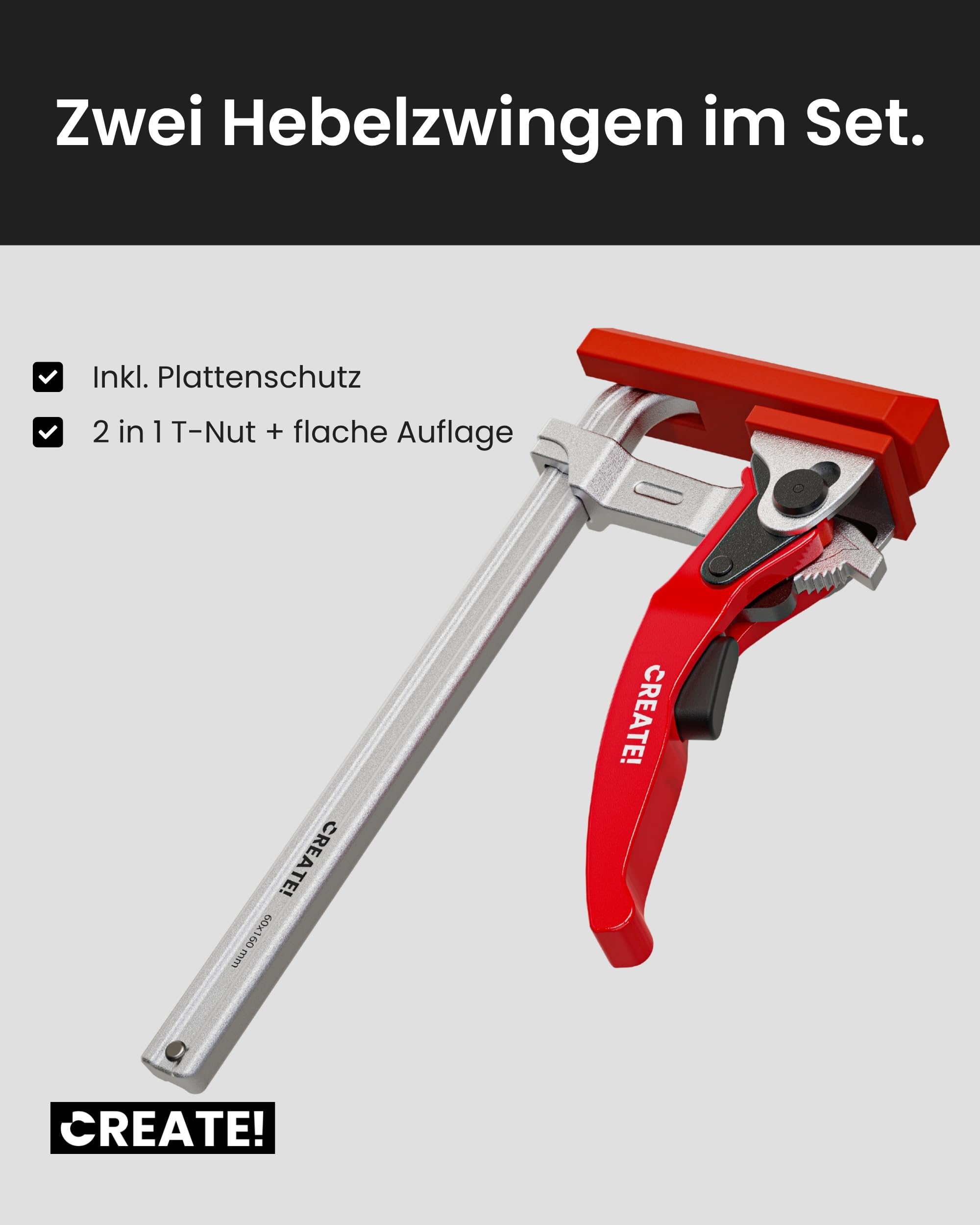 CREATE! cFix-Click - Hebelzwinge 2er-Set 160 mm (T-Nut Zwinge inkl. Schutzkappe) Schnellspanzwinge - Einhandzwinge