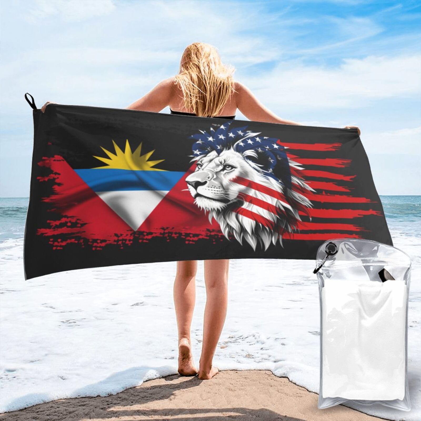 HACXZ Microfiber Beach Towel America Flag and Antigua and Barbuda Flag Large Camping Towel Bathroom Beach Towels