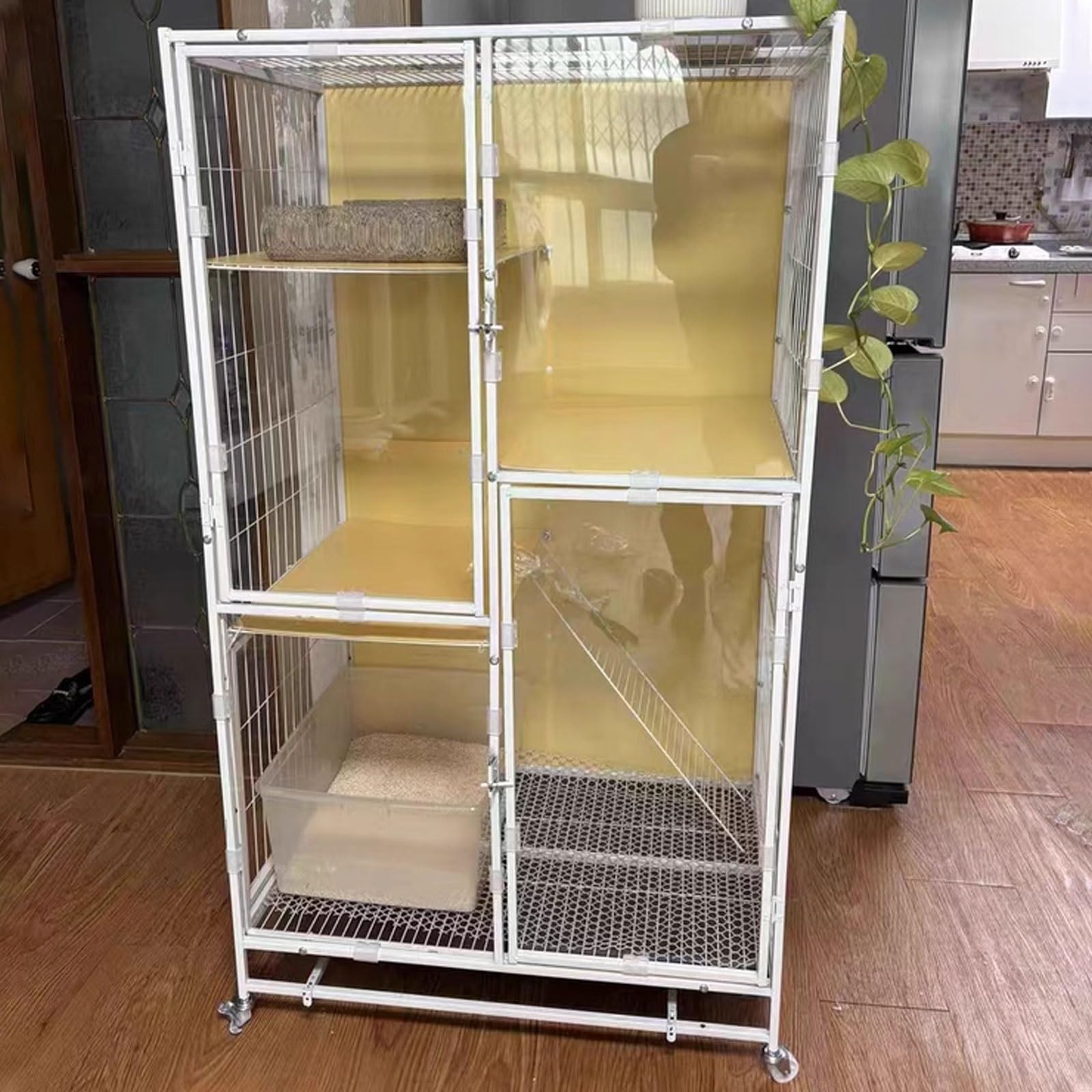 Grande gabbia per gatti con ruote, multi-zona vista panoramica, altezza 100 cm, facile da spostare, per gatti da interni