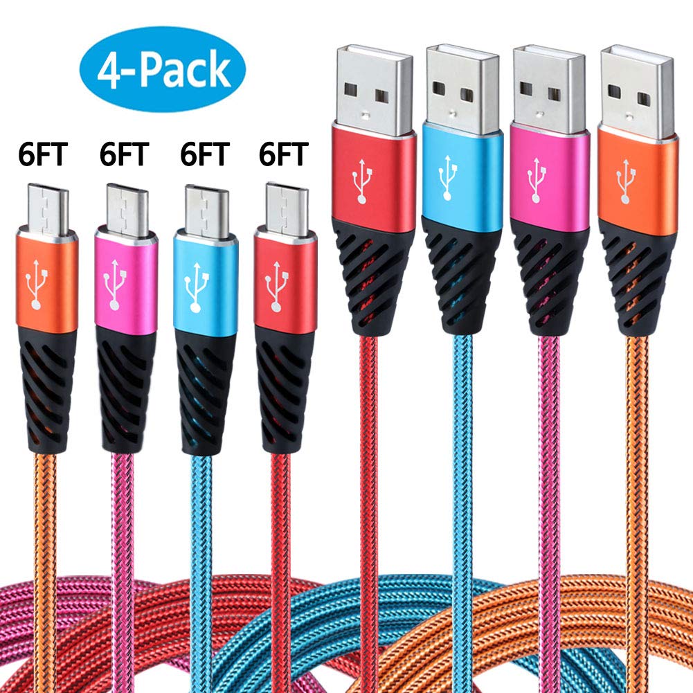 Bynccea Micro USB Cable 6FT 4-Pack Cell Phone Charger Android Nylon Braided Android Charging Cord Compatible with Samsung Galaxy J8/J7/S7/S6/Edge,Note5,LG,Sony,HTC,Moto,Kindle,Xbox One,PS4